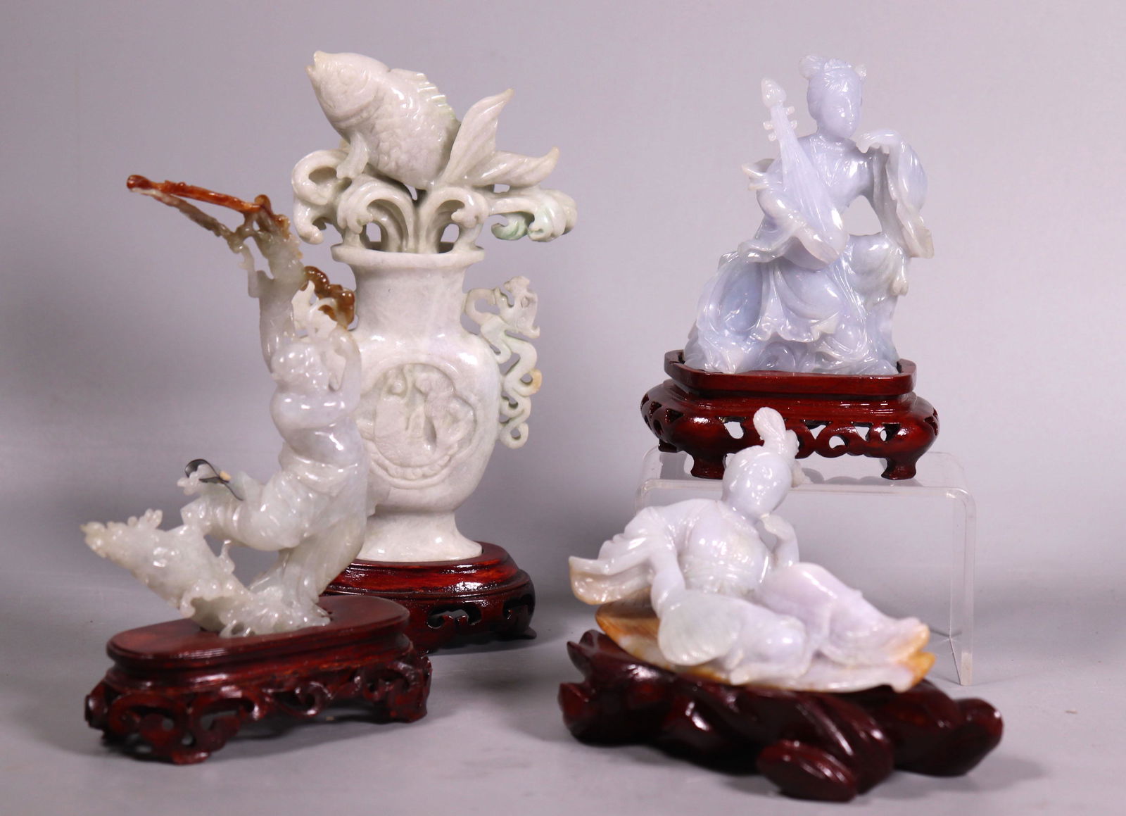 4 Chinese Pale Celadon Jadeite Carvings & Stands (1 of 14)