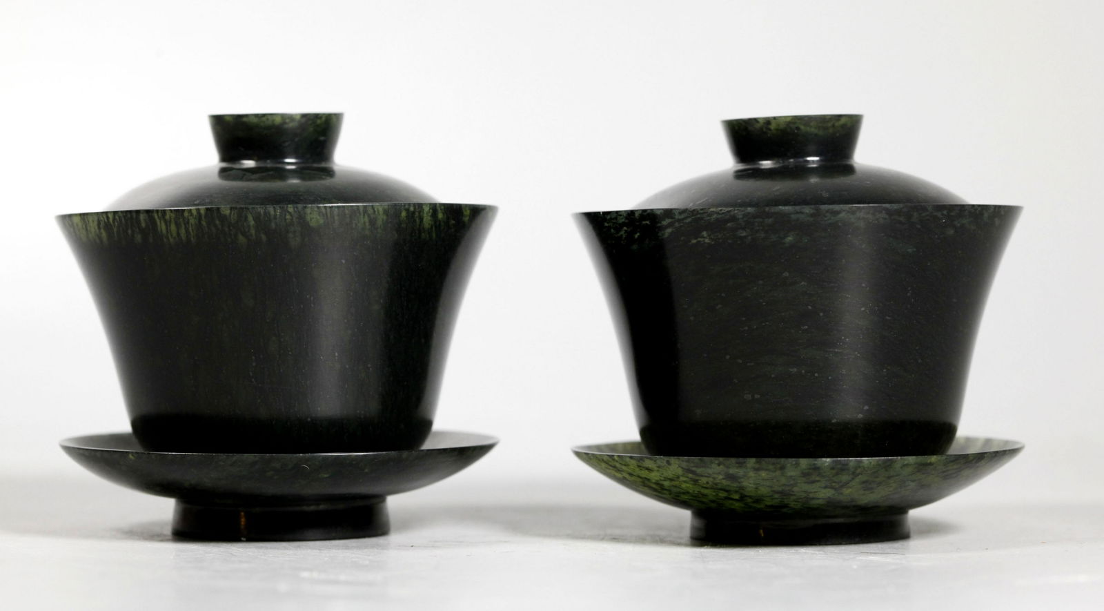 Pr Chinese Green Jade Teacups, Covers, Plates (1 of 7)
