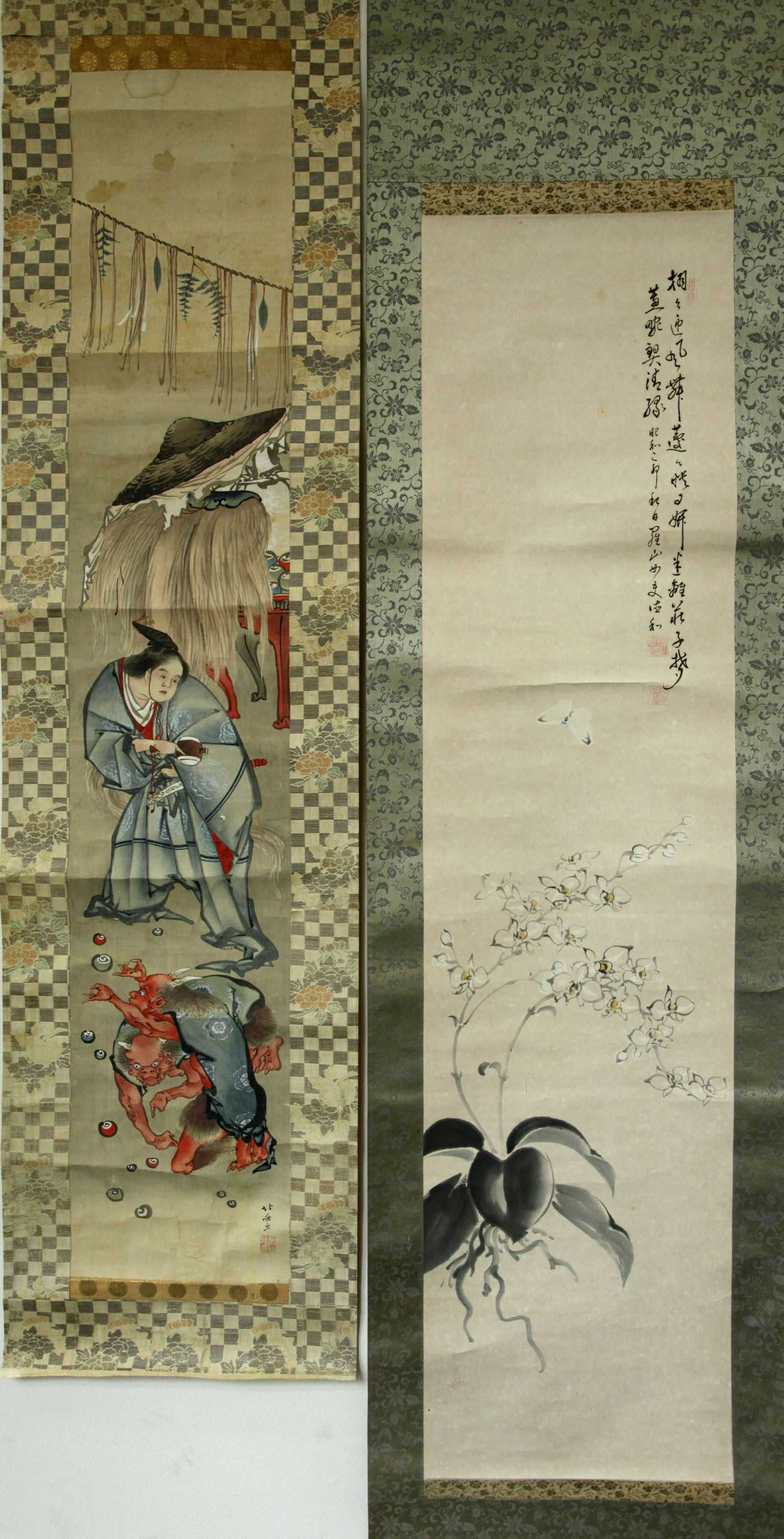 2 Japanese Scroll Paintings, Orchids, Demons (1 of 9)