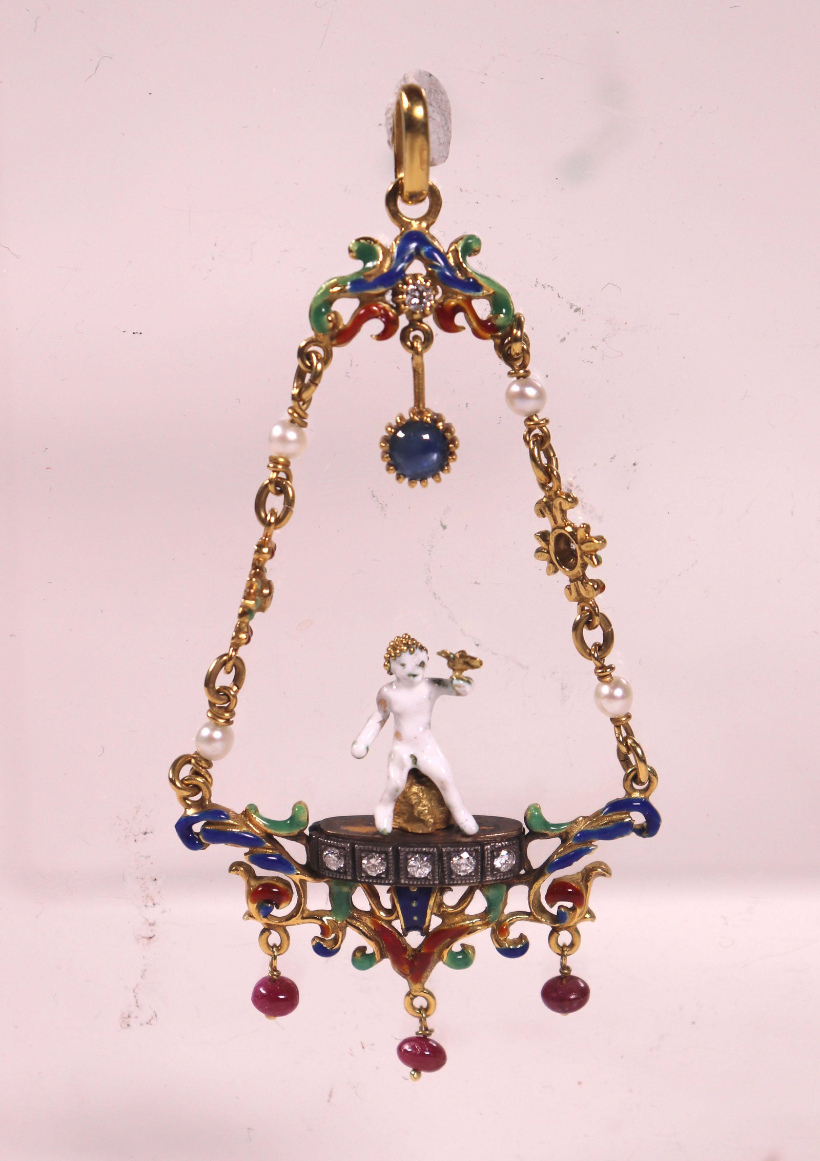 Renaissance Style Enameled 18 K Gold Cupid Pendant (1 of 4)