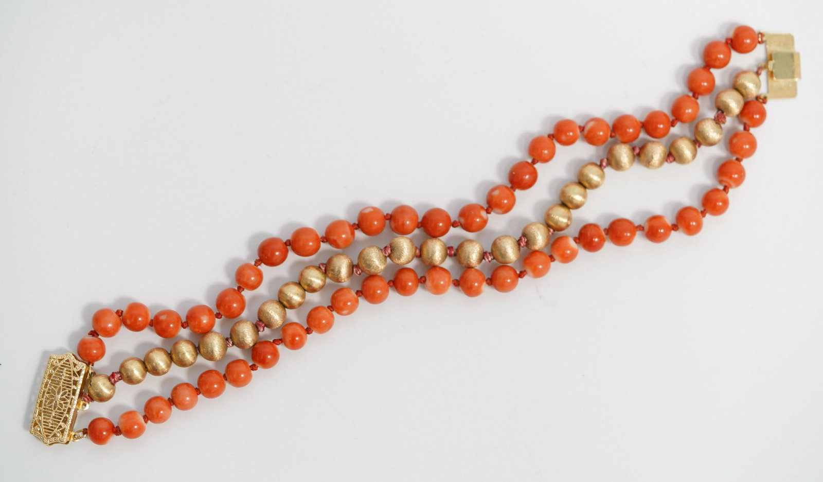 Three Strands Red Coral Beads Bracelet in 14K (1 of 3)
