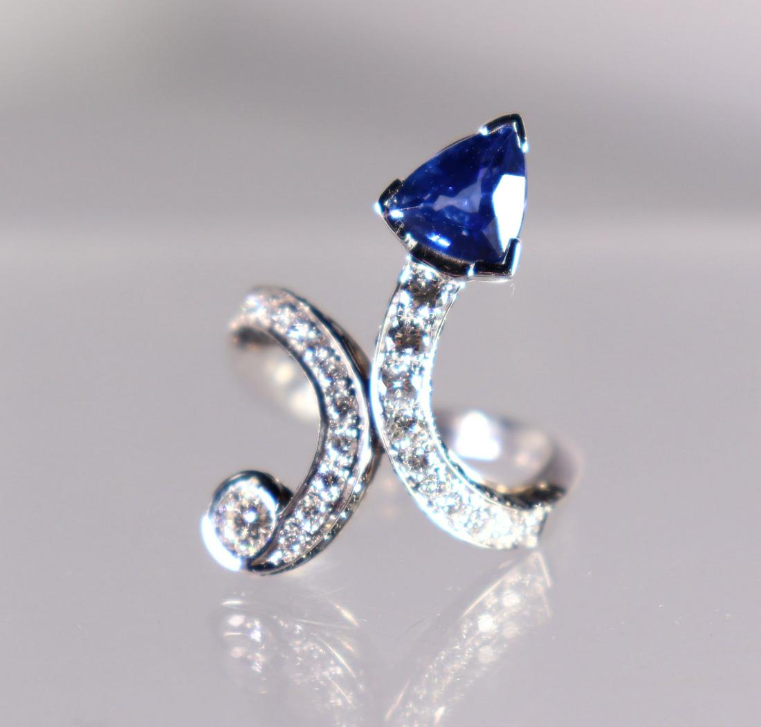 Sapphire, Diamond & Black Diamond 18K Ring: Sapphire (Trillion cut?), Diamond & Black Diamond 18K White Gold Ring marked "18Kt" Total weight 7.8 grams. Height of ring 1 1/8 inches (2.8 cm.). Good condition with light age related wear. _________