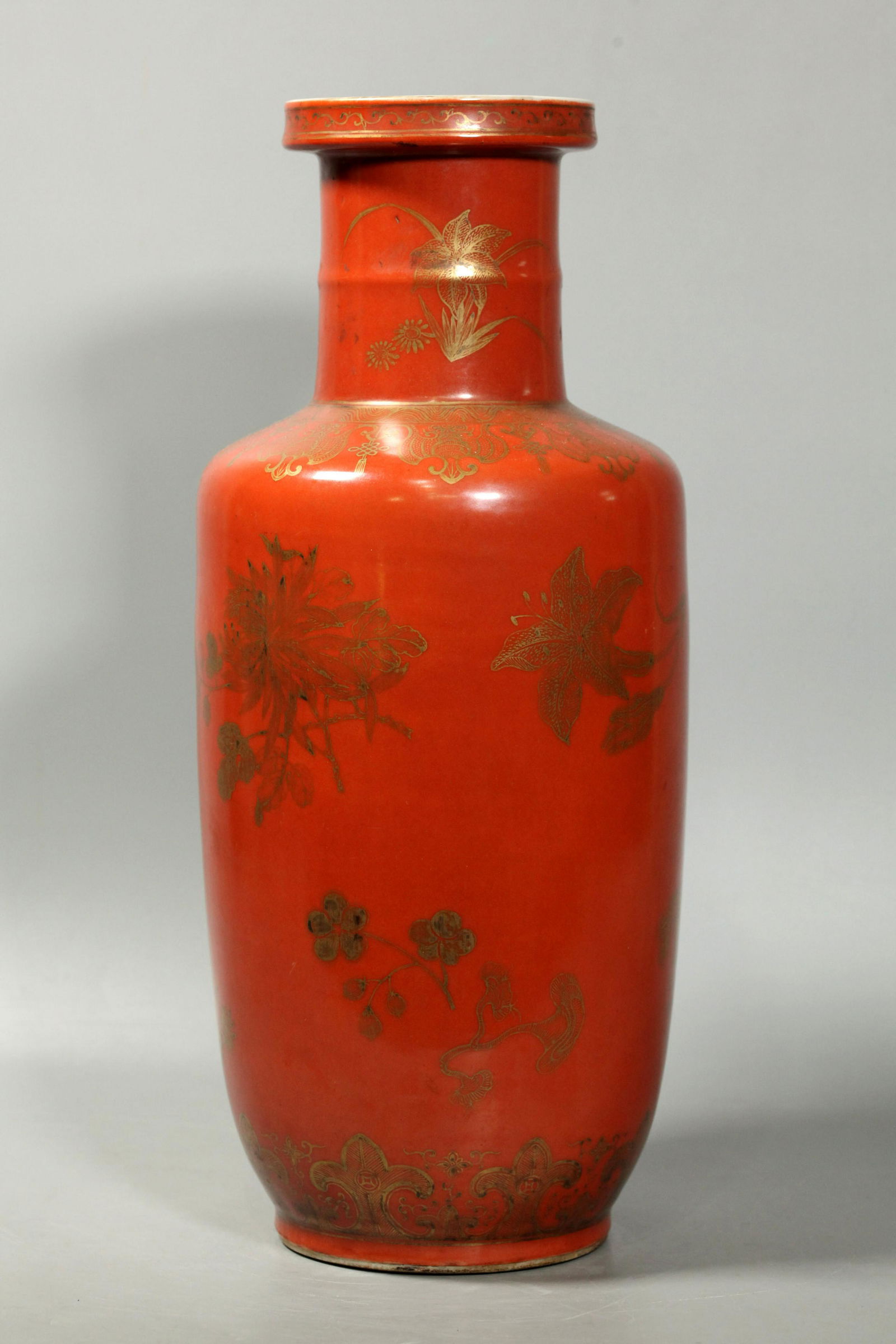 Chinese 19 C Coral & Gold Porcelain Baluster Vase (1 of 6)