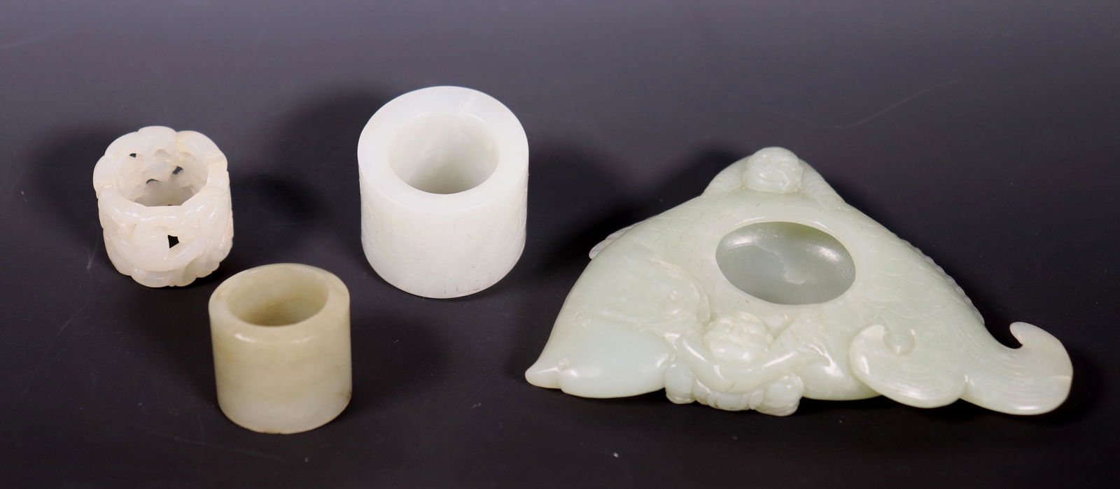 3 Chinese Jade Archer's Rings; Fish Waterpot (1 of 7)