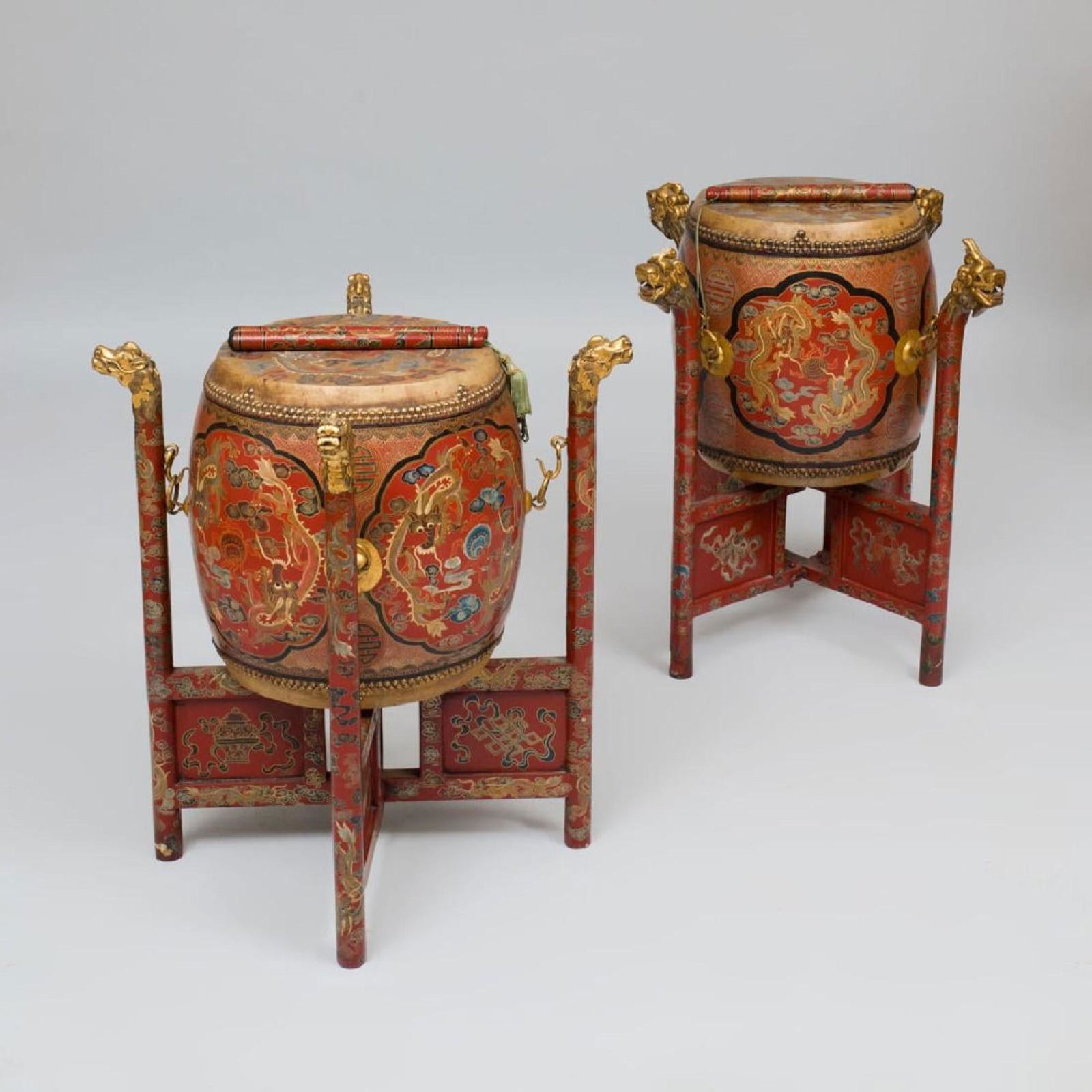 Pair of Chinese Red Lacquer and Parcel-Gilt Drum (1 of 12)