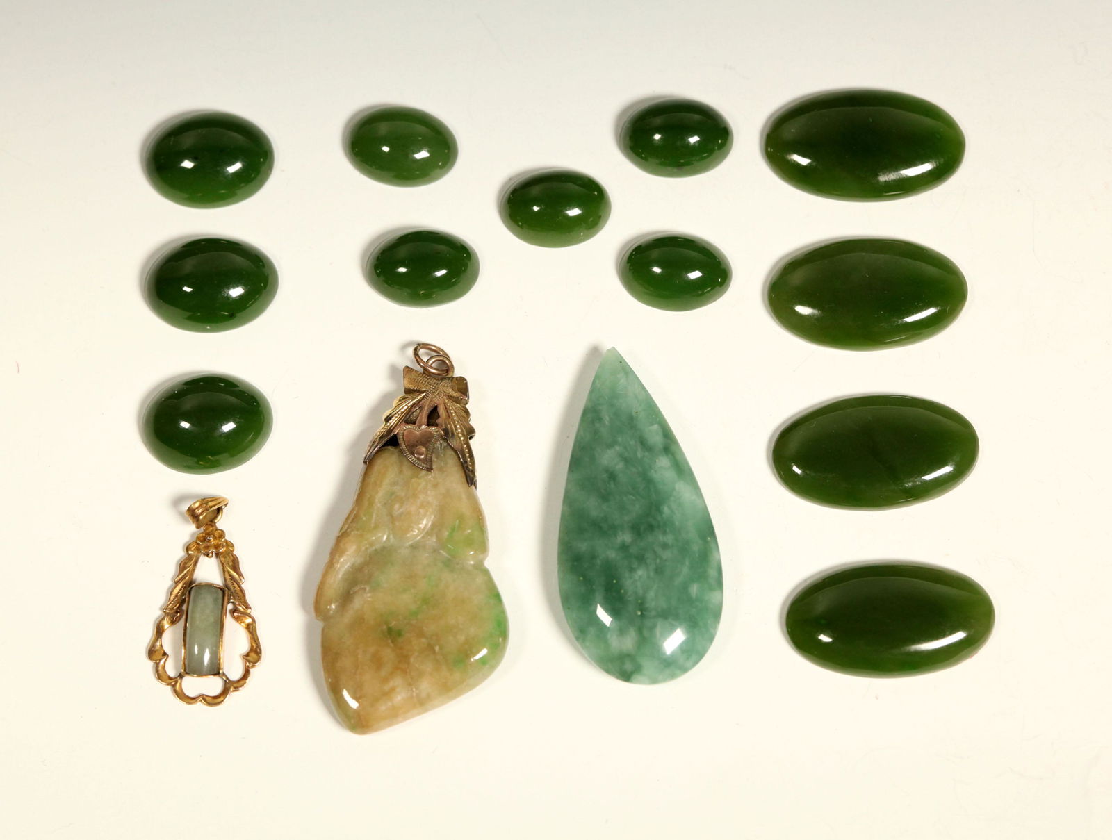 12 Chinese Jade Cabochons; 2 Jadeite 14K Pendants (1 of 5)