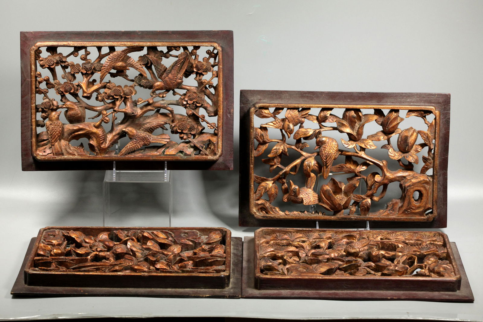 4 Chinese 19/20 C Carved Wood Bird Flower Panels (1 of 13)