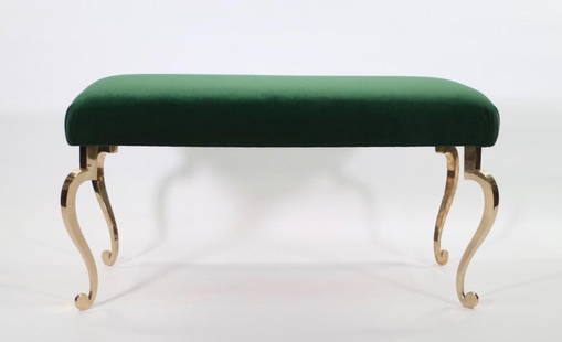 French 50's Maison Ramsay Emerald Green Bench: Hollywood Regency Bench designed by Maison Ramsay, France 1950's and re-upholstered in emerald green velvet with four polished bronze cabriole legs made during the 1950s. Good condition with age-appro