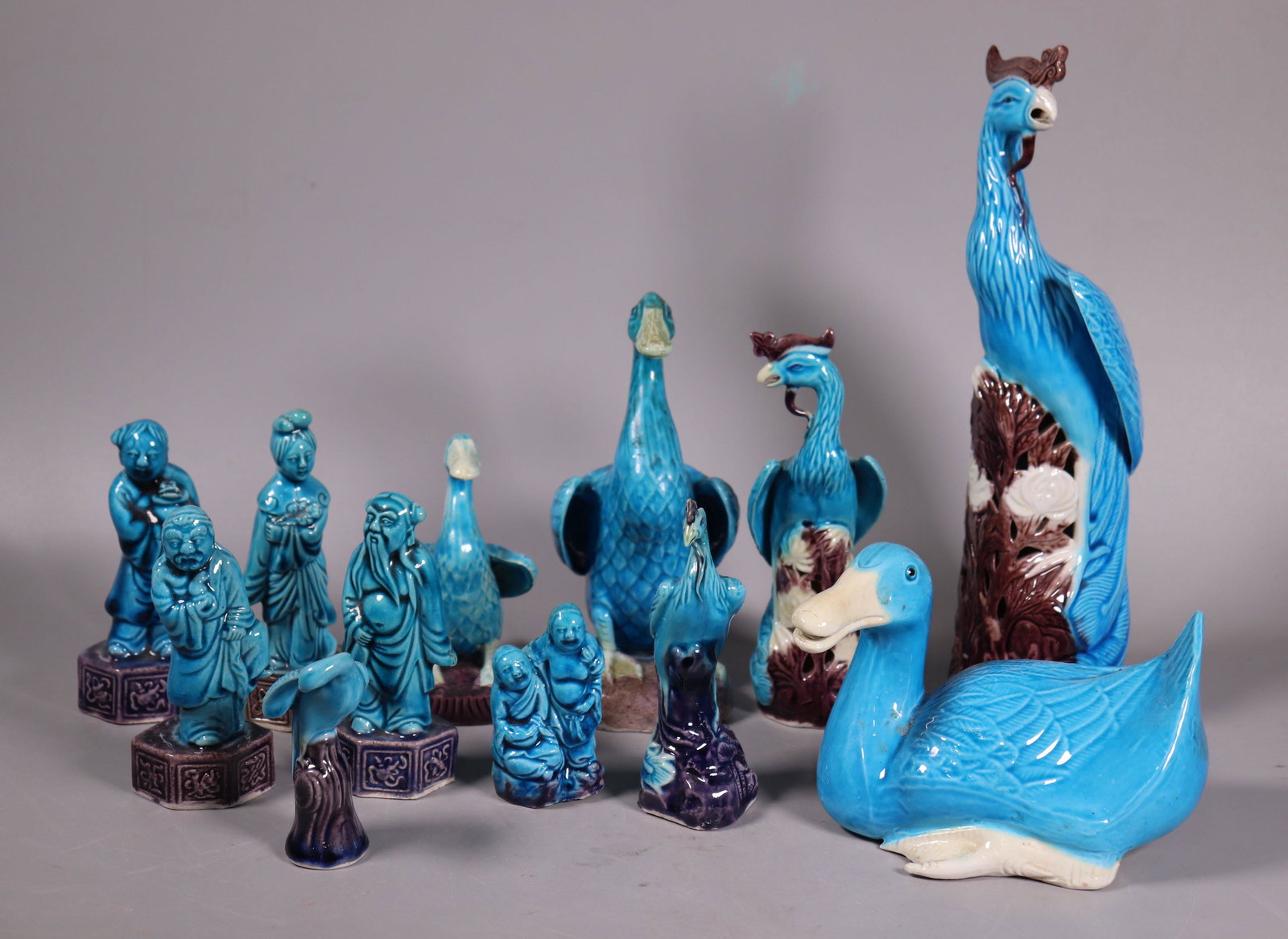 12 Chinese Turquoise & Aubergine Porcelain Figures (1 of 12)