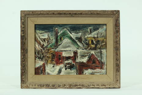 Sueo Serisawa; "Houses in Snow" Oil Board: Sueo Serisawa (California, 1910-2004); "Houses in Snow", Oil on Board signed lower left recto; framed. Age related wear. Height of art 8 1/2 inches (21.6 cm.) X width of art 11 3/4 inches (29.9 cm.).