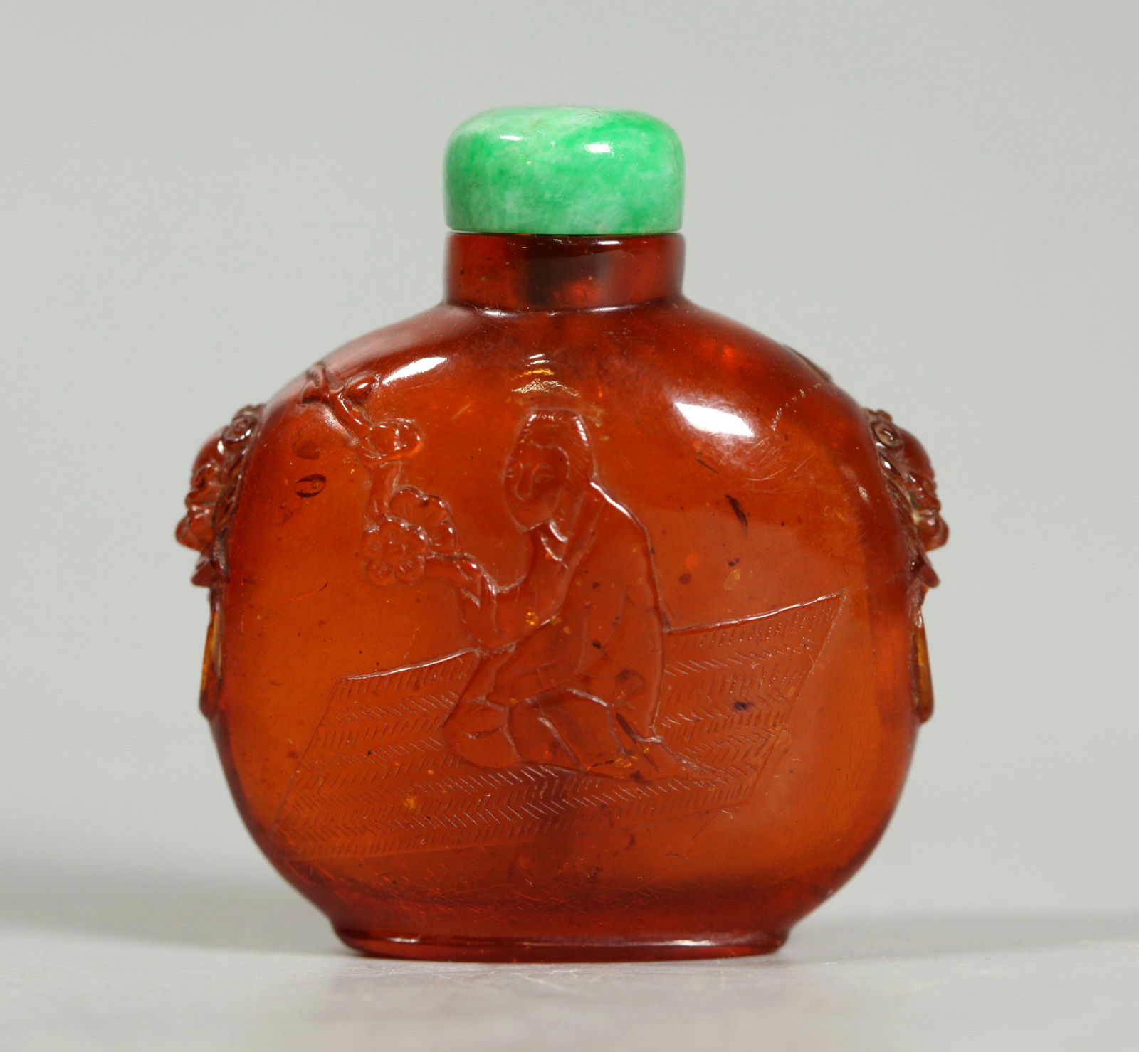 Chinese 19 C Carved Amber Snuff Bottle Jadeite Top (1 of 7)