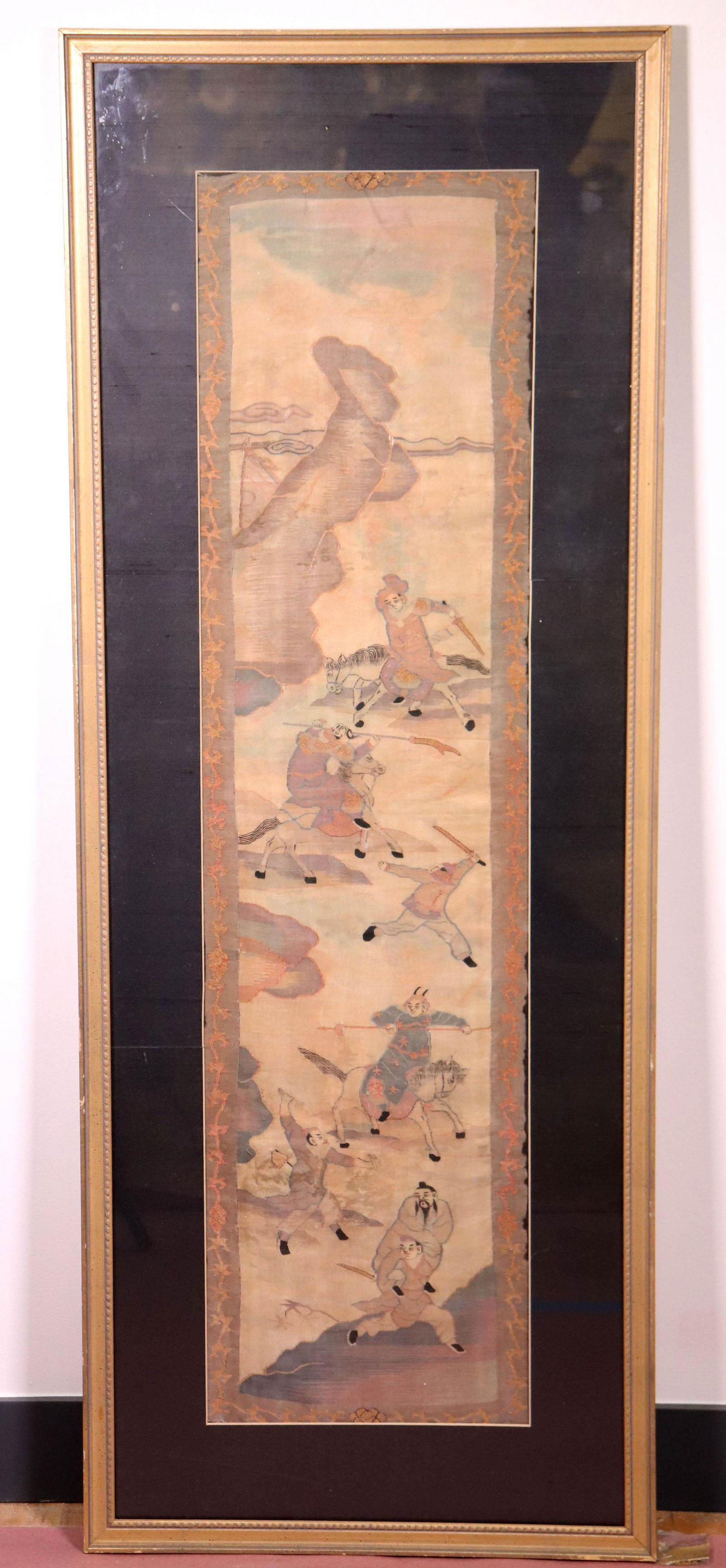 Chinese 19 C Kesi Silk & Gold Tapestry; Men Horses (1 of 4)