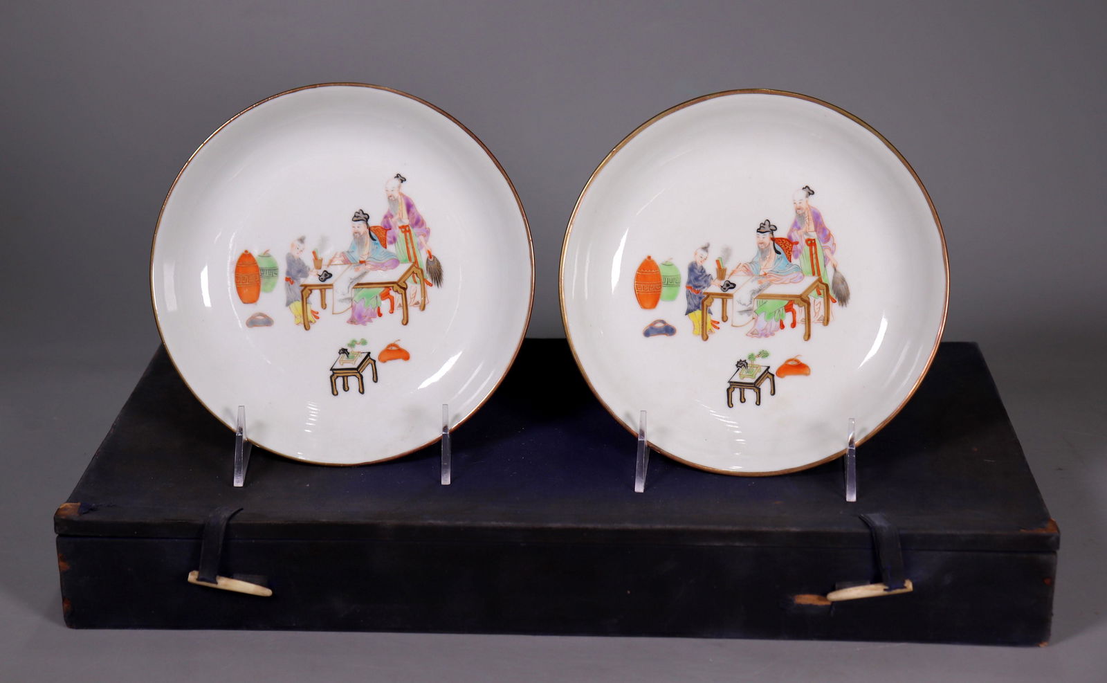 Pair Chinese Enameled Porcelain Scholar's Plates (1 of 6)