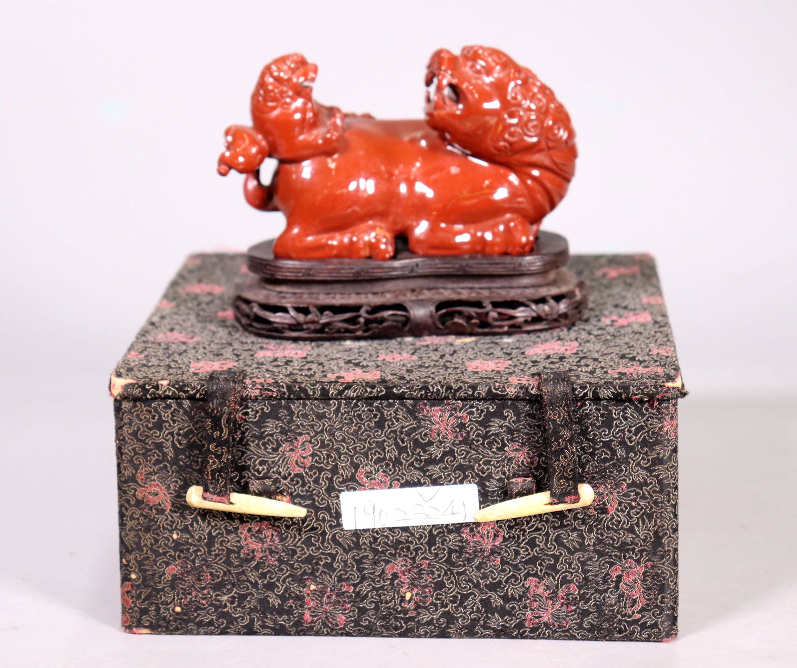 Chinese Carved Red Jasper Agate Seated Lion & Cub (1 of 6)