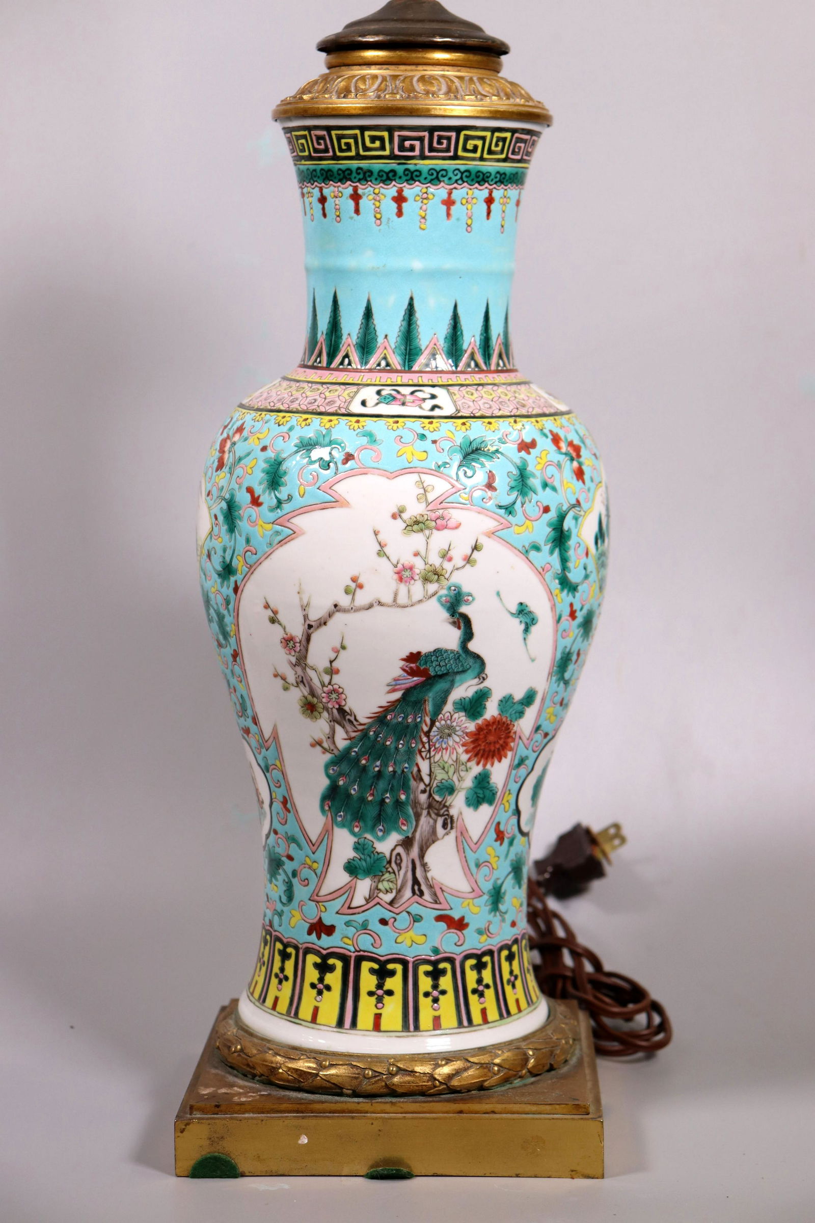 Chinese 19 C Turquoise Porcelain Vase Ormolu Lamp (1 of 7)