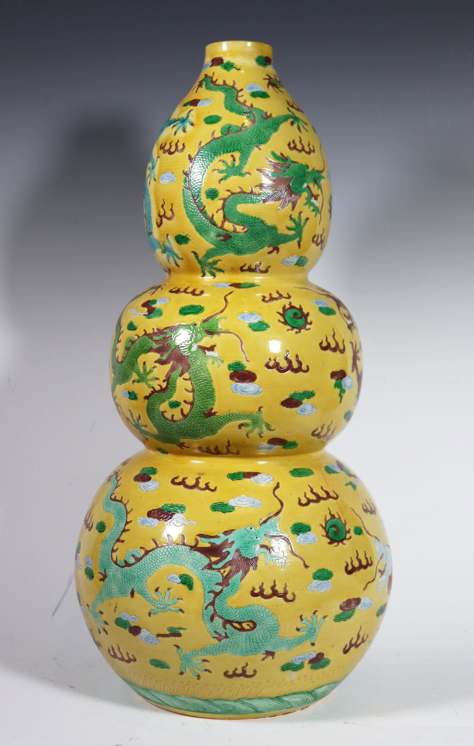 Lg Chinese Qing 9 Dragon Porcelain Triple Vase (1 of 9)