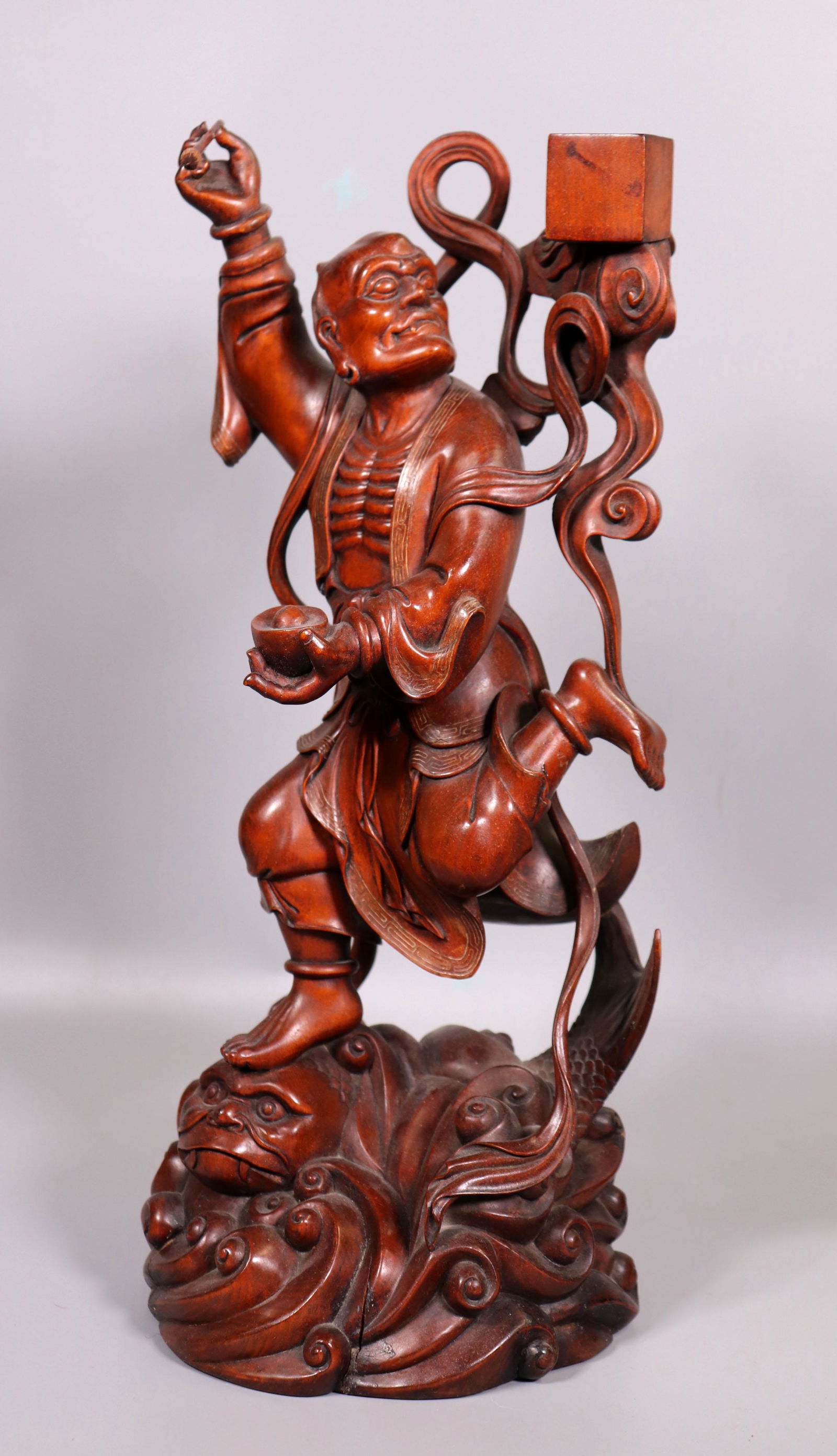 Chinese Carved Polished Wood Kui Xing Riding Fish (1 of 8)