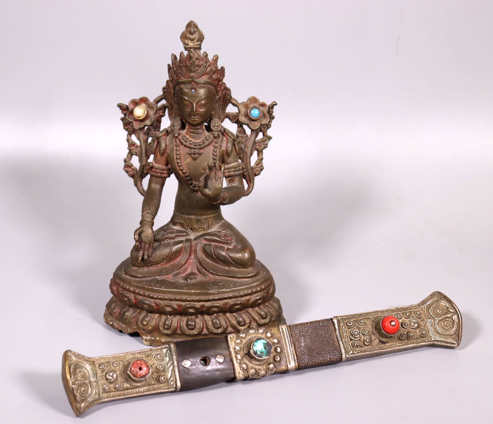 Tibetan Bronze Seated Buddha Lotus Throne & Knife (1 of 8)