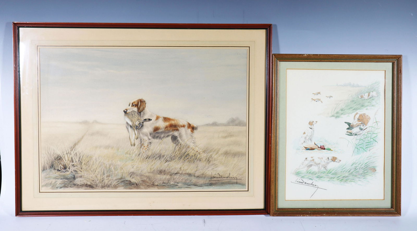 Leon Danchin; 2 Hunting Dog Colored Drawings: Leon Danchin (France 1887-1938); 2 Hunting Dog Drawings, Dog with Rabbit & Bird signed lower right, and a page of 4 Sketches of Hunting Dogs & Birds signed lower left; each with French lined mat and F