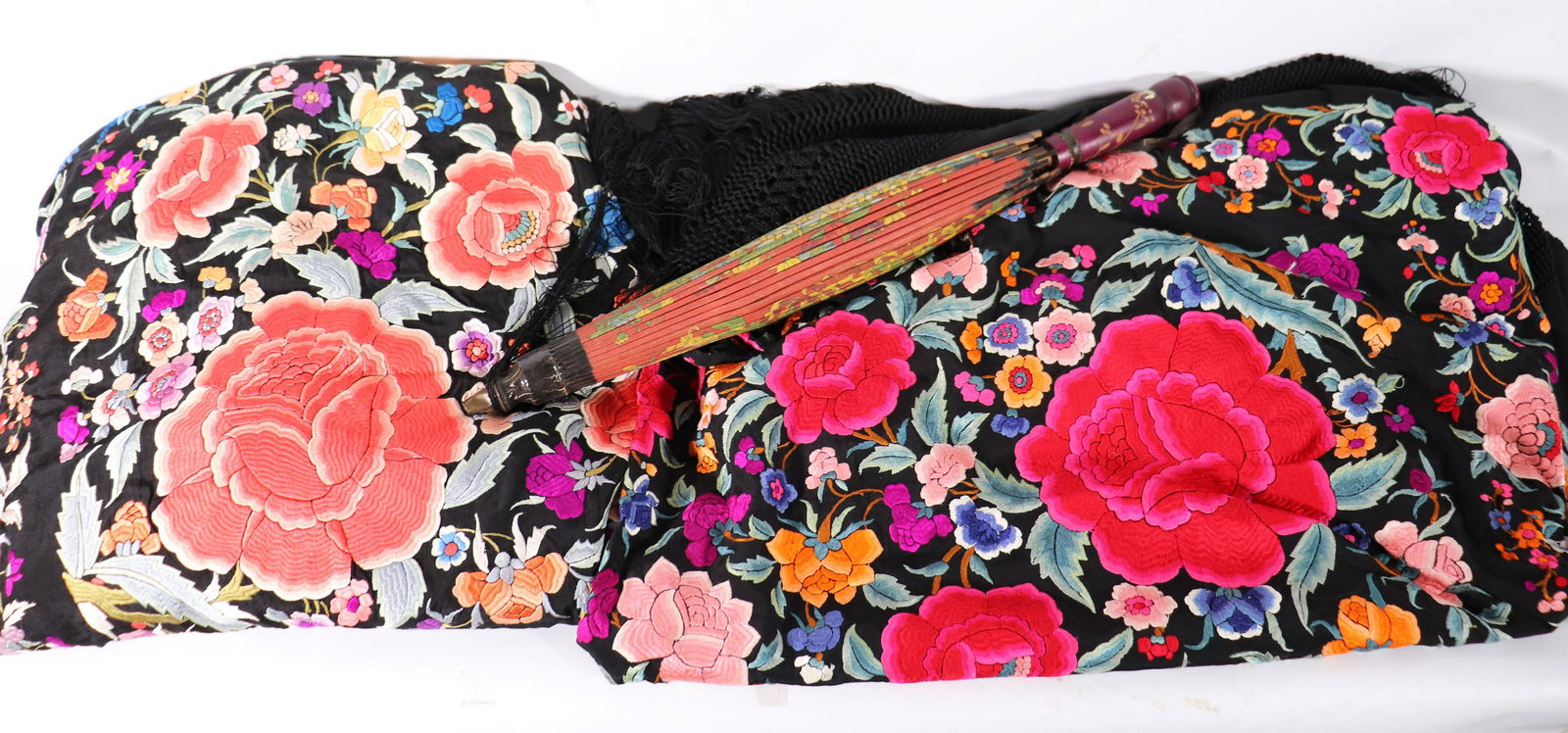 2 Chinese Flower Embroidered Black Silk Shawls (1 of 7)