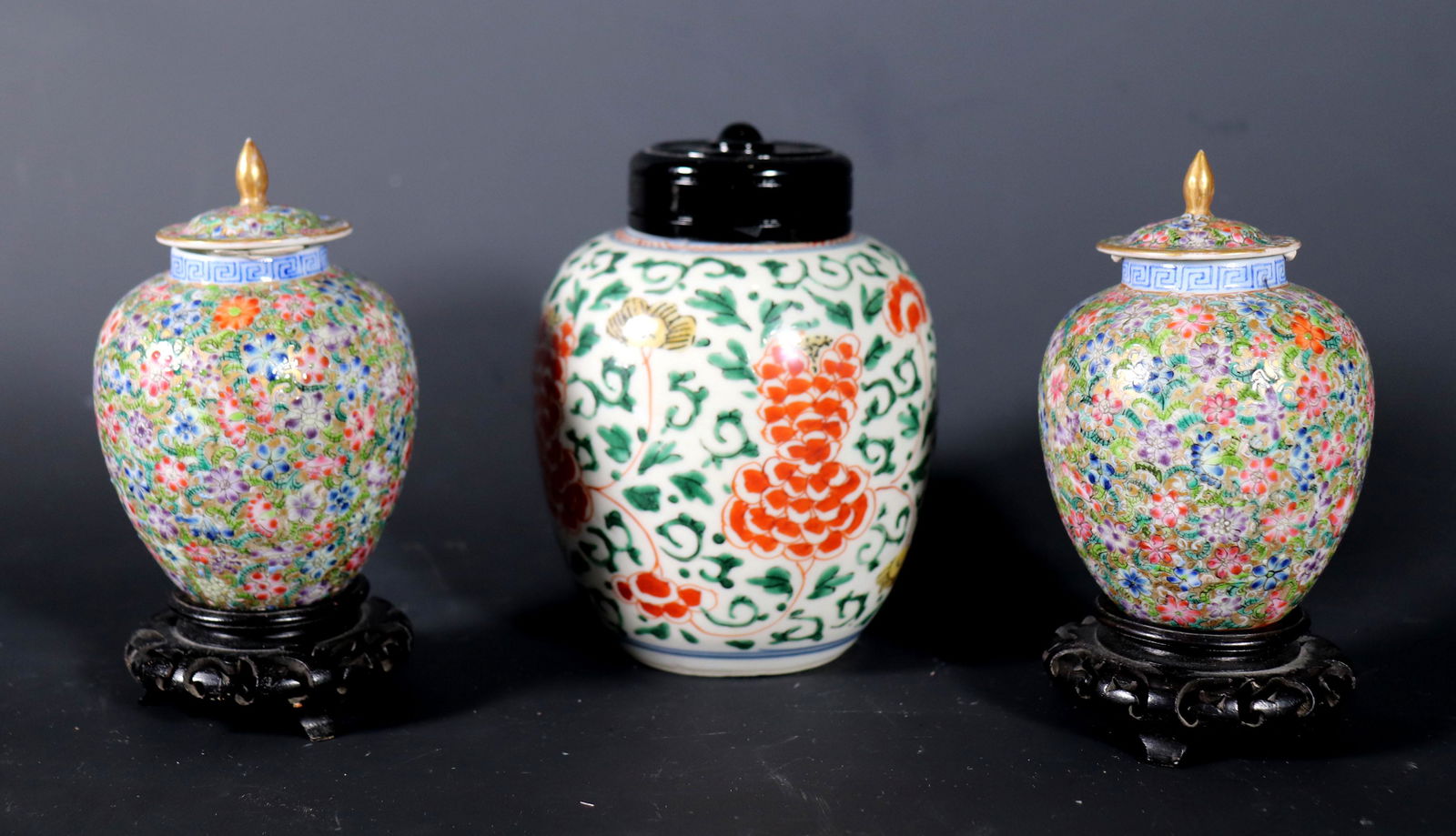 3 Chinese Porcelain Jars; Kangxi Wucai, Pr Floral (1 of 9)