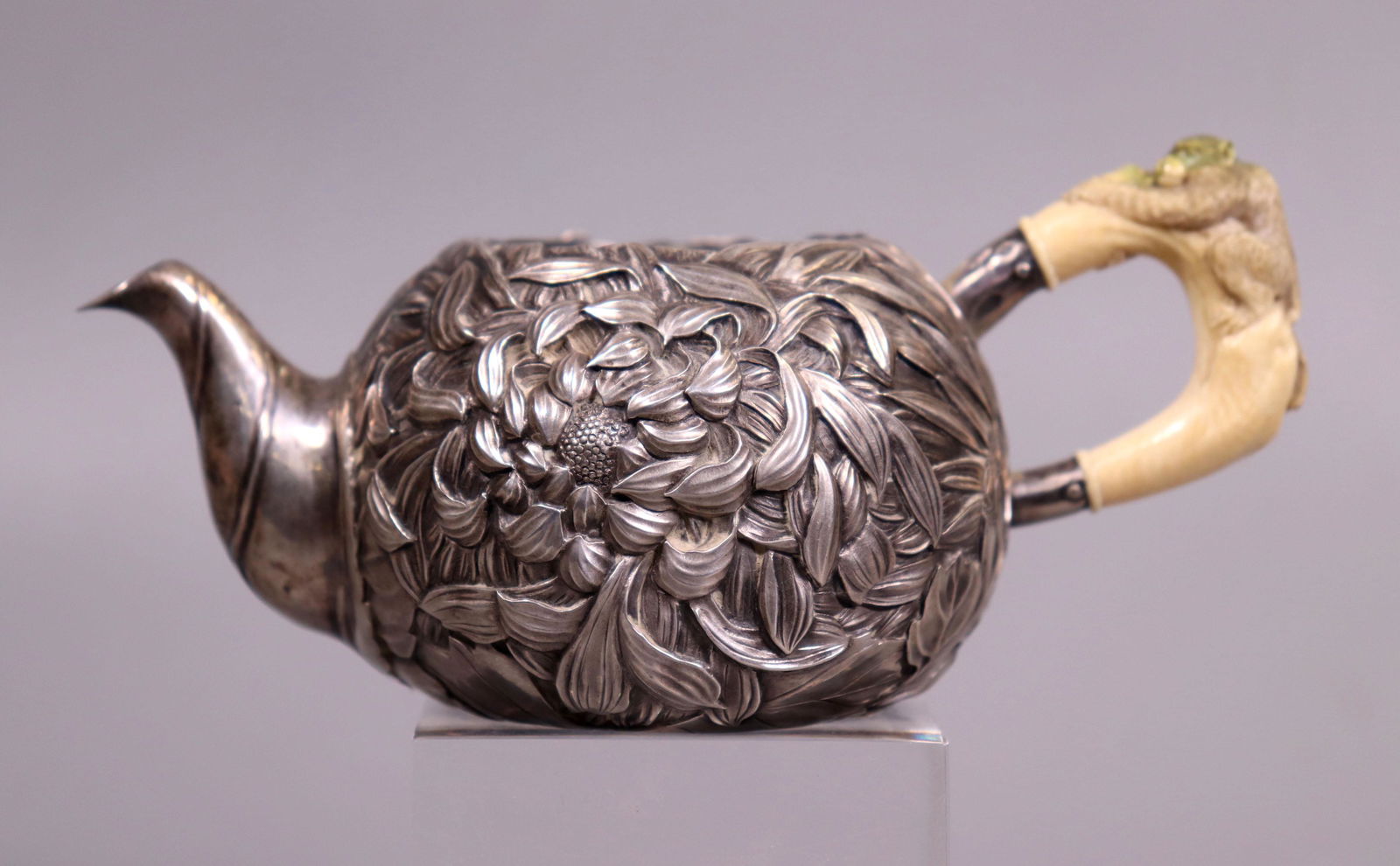 Japanese 19 C Silver Chrysanthemum Teapot w Monkey (1 of 7)