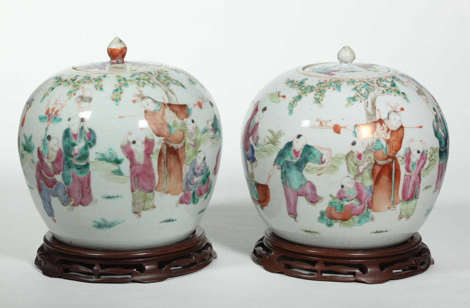 Pair Chinese 19 C Famille Rose Melon Shaped Jars (1 of 6)