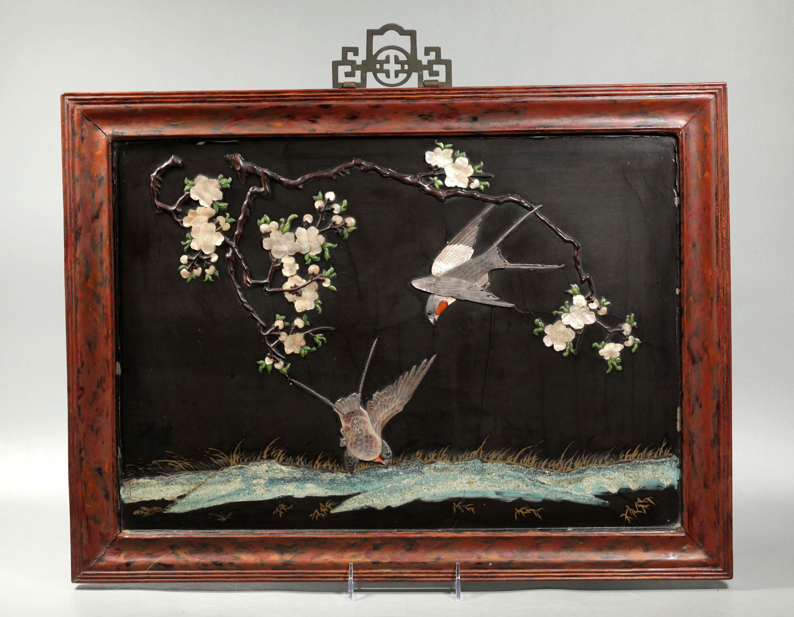 Chinese 19 C Fuzhou Lacquer Framed Swallow Plaque (1 of 7)