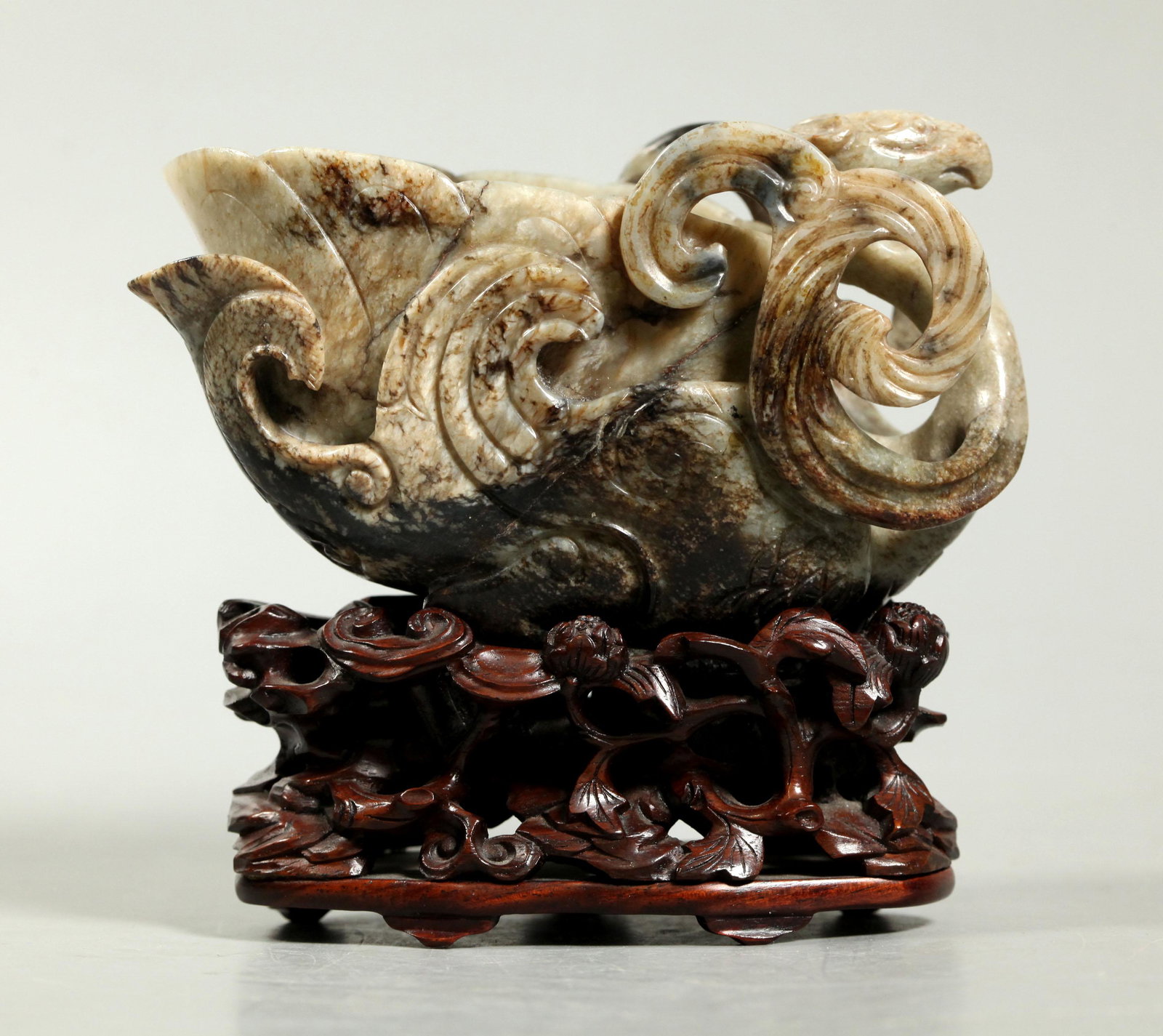 Chinese Ming Chicken Bone Jade Phoenix Water Pot: Chinese Ming Dynasty Chicken Bone Jade Water Pot carved in high relief with a phoenix neck, head, and wings around a floral shaped water container, the base carved as the bird's claw feet with a 4 cha