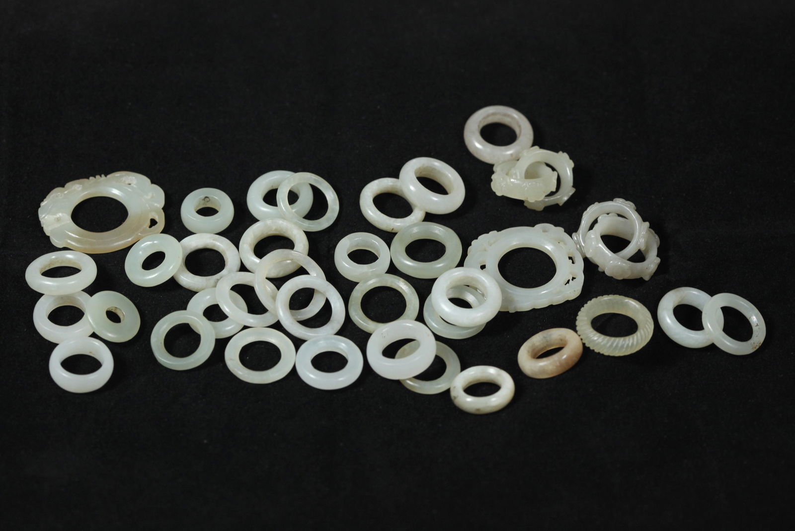 36 Chinese Qing Jade Rings; Pair Earrings (1 of 3)