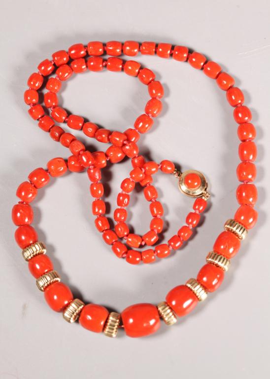 Dark Coral Bead & 14K Yellow Gold Necklace; 47.4G (1 of 6)