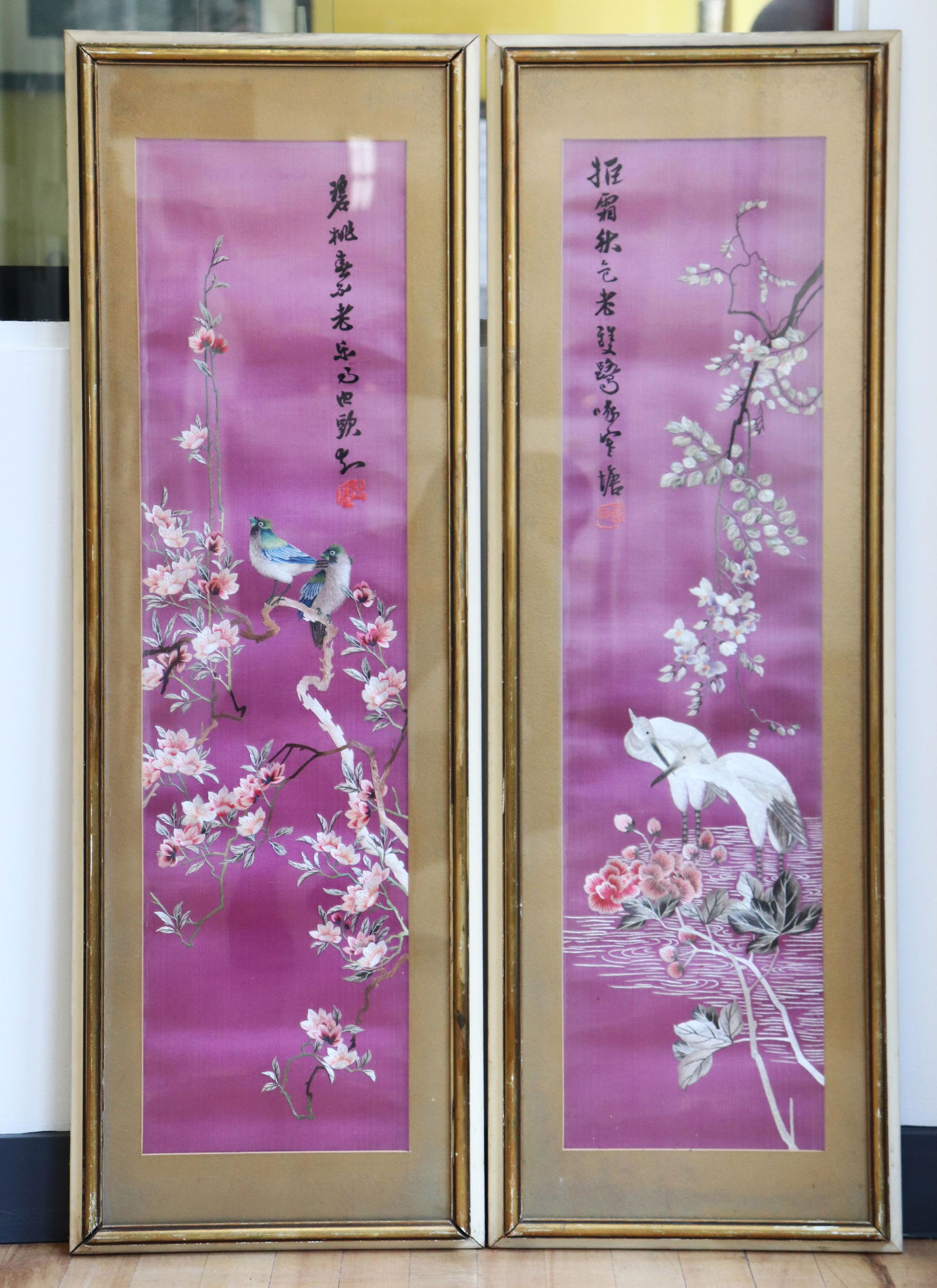 Pair Chinese Embroidered Silk Bird & Flower Panels (1 of 5)