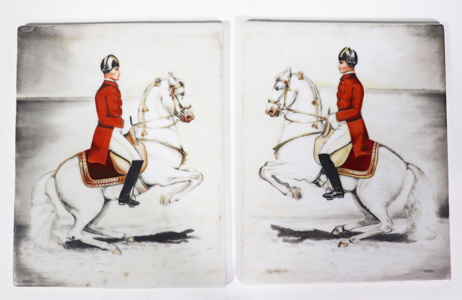 Pair Porcelain Lipizzaner Hutchenreuther Plaques: Opposing Pair Lipizzaner Stallion & Spanish Riding School, Vienna Uniformed Riders, hand painted Porcelain Plaques each signed "Hiebel"; the reverse in biscuit with impressed numbers and CM/HR Crest f