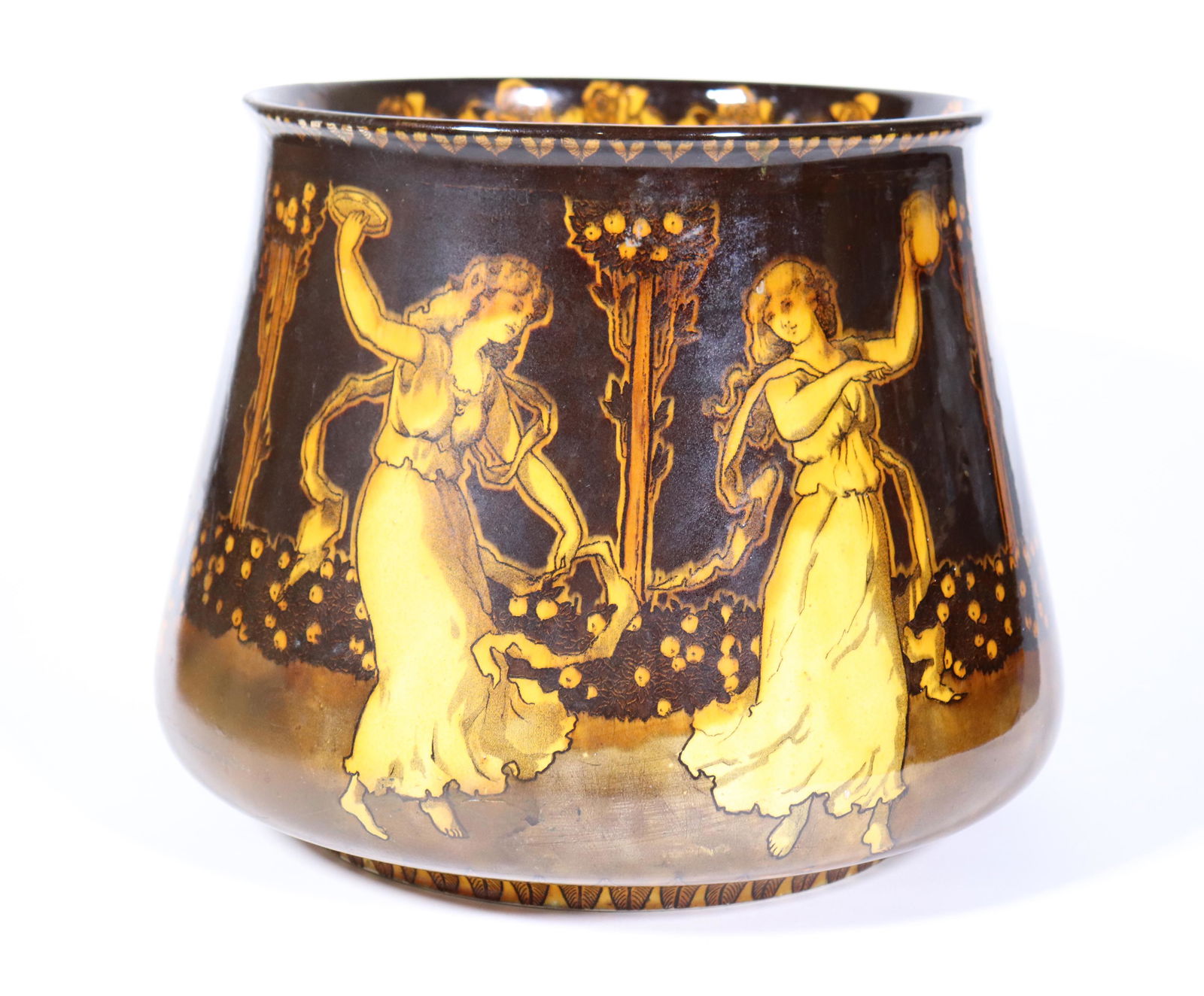 Lg Doulton "Morrisian" Pre-Raphaelite Planter: Rare Doulton Burslem "Morrisian" Ivory Pre-Raphaelite Ceramic Ware with "Morrisian" Stamp to base, "Doulton Burslem" Stamp and impressed Doulton and Ivory marks; named after William Morris and made fr