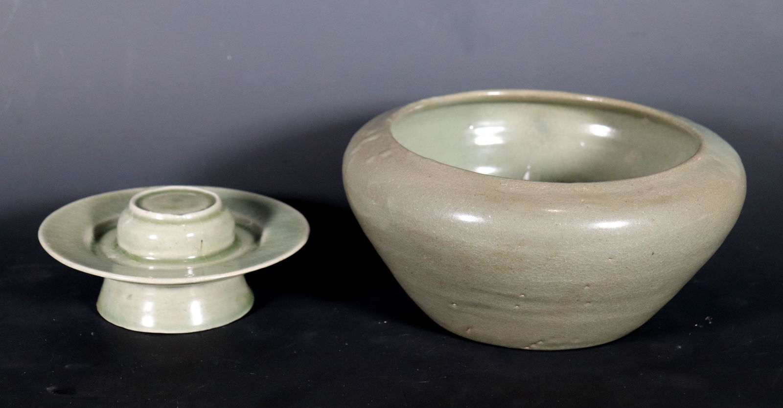 2 Koryo Korean Ceramics; Celadon Cup Stand, Censer (1 of 7)