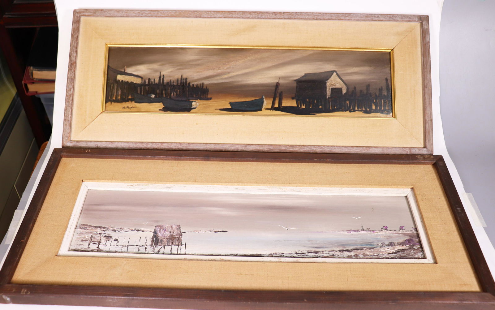 Whittingham, Hopkins: 2 Vintage Provincetown Oils: Bonnie Whittingham & Lymia Hopkins; 2 Vintage Provincetown, Massachusetts Water Views circa 1950's-1960's, "Town Piers" signed Whittingham, oil on masonite and "Bay View" signed Hopkins, oil on canvas