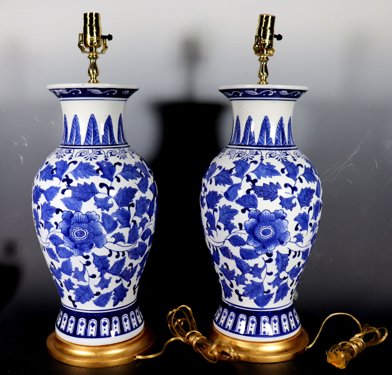 Pr Chinese Blue & White Porcelain Lg Vase Lamps (1 of 8)