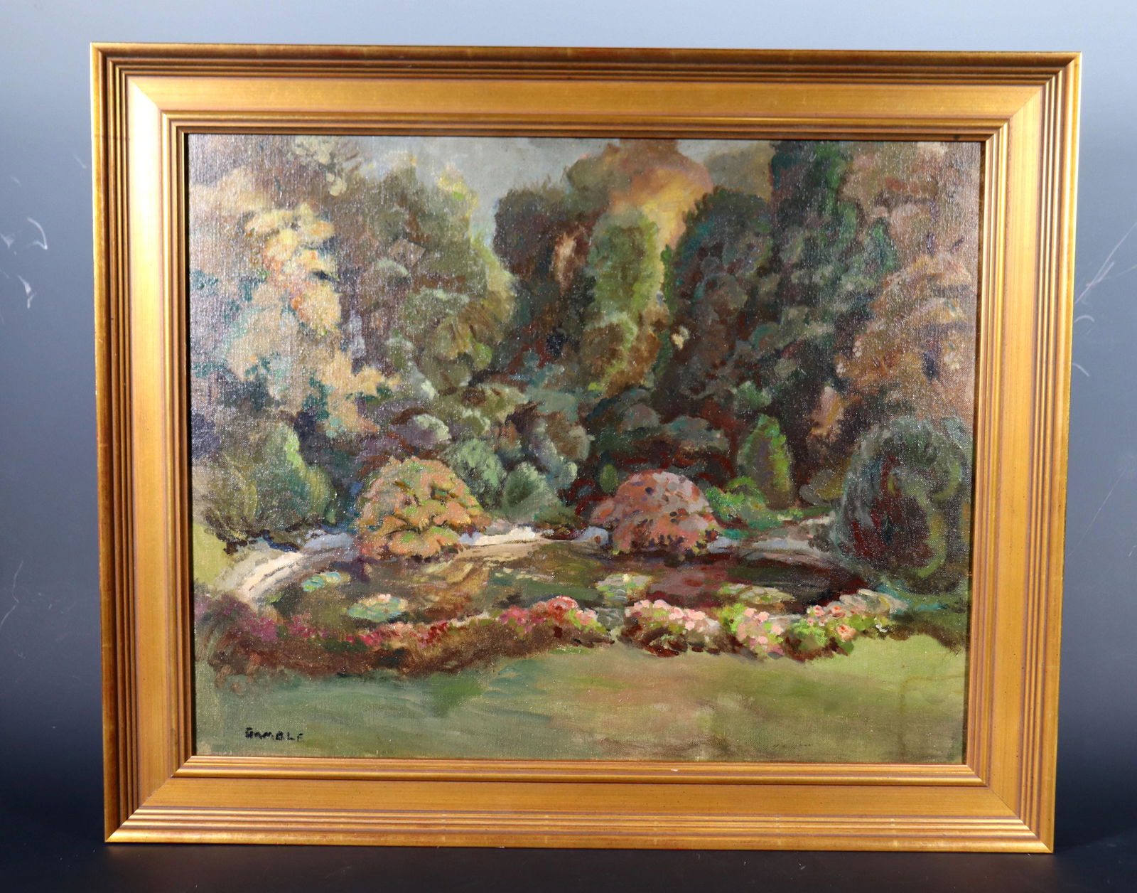 John Marshall Gamble; Oil Board, "Garden Pool": John Marshall Gamble (California / New Jersey 1863-1957); Oil on Canvas Board signed "Gamble" , "Private Garden Pool"; framed. Height of frame 19 1/2 inches (49.5 cm.) X width of frame 23 1/2 inches (