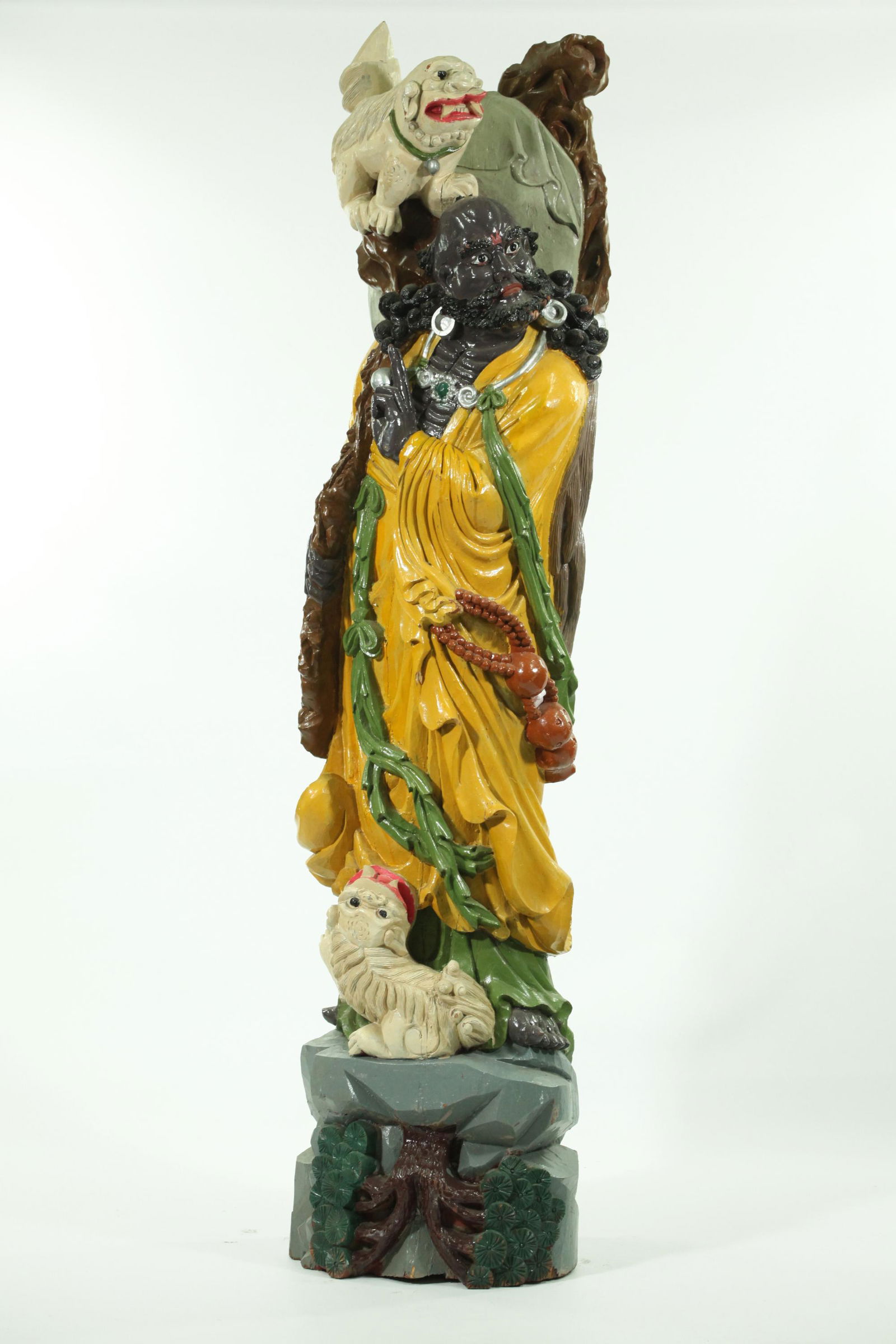 Large Chinese Carved Hardwood Lohan & 2 Dogs (1 of 10)