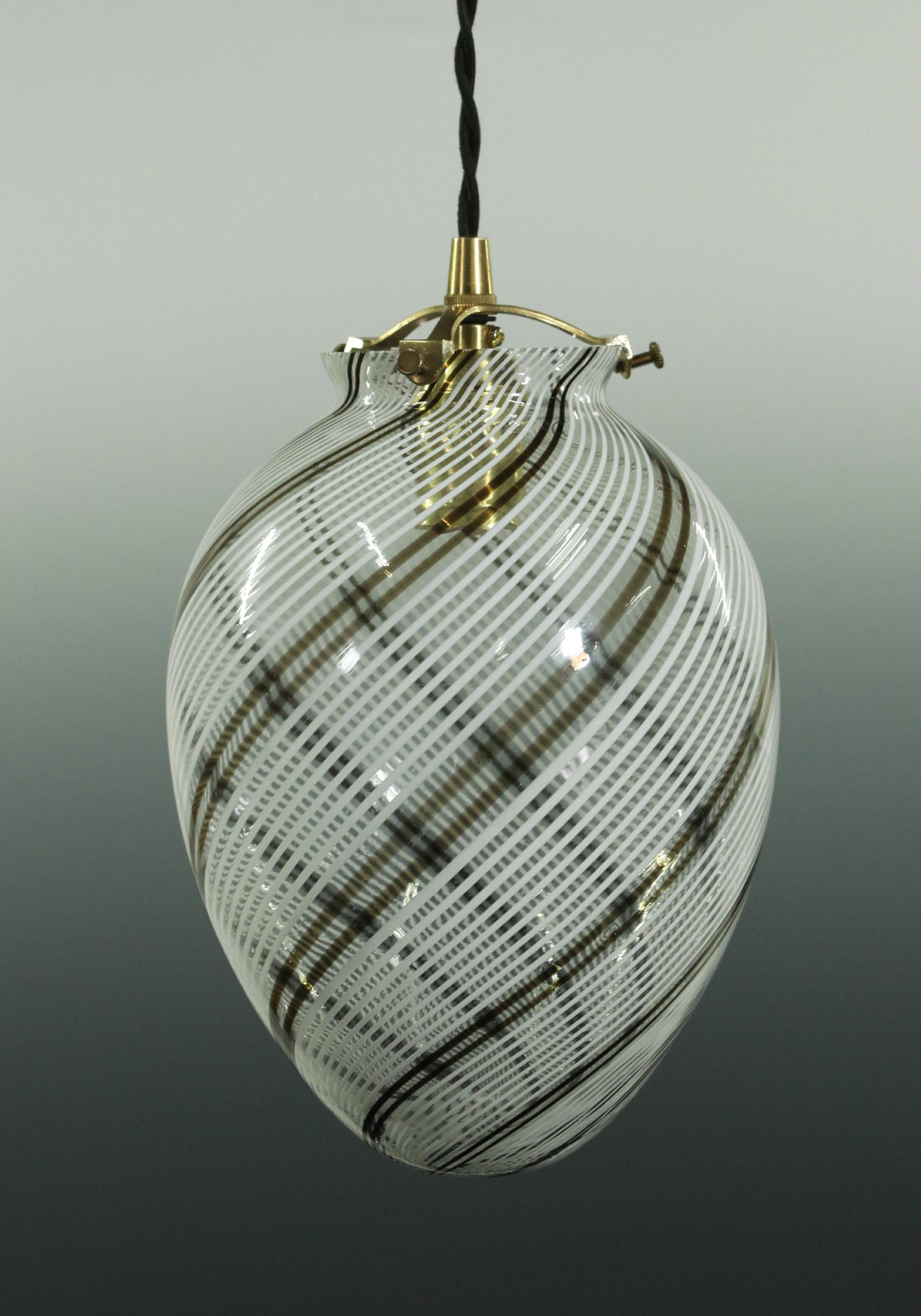 Venini Murano 60's Venetian Latticino Glass Shade: Venini Murano 1960's Venetian brown and white Latticino Glass Hanging Shade wired with 3 arm brass mount and wired. Height 10 inches (25.4 cm.) X diameter 7 inches (17.8 cm.).