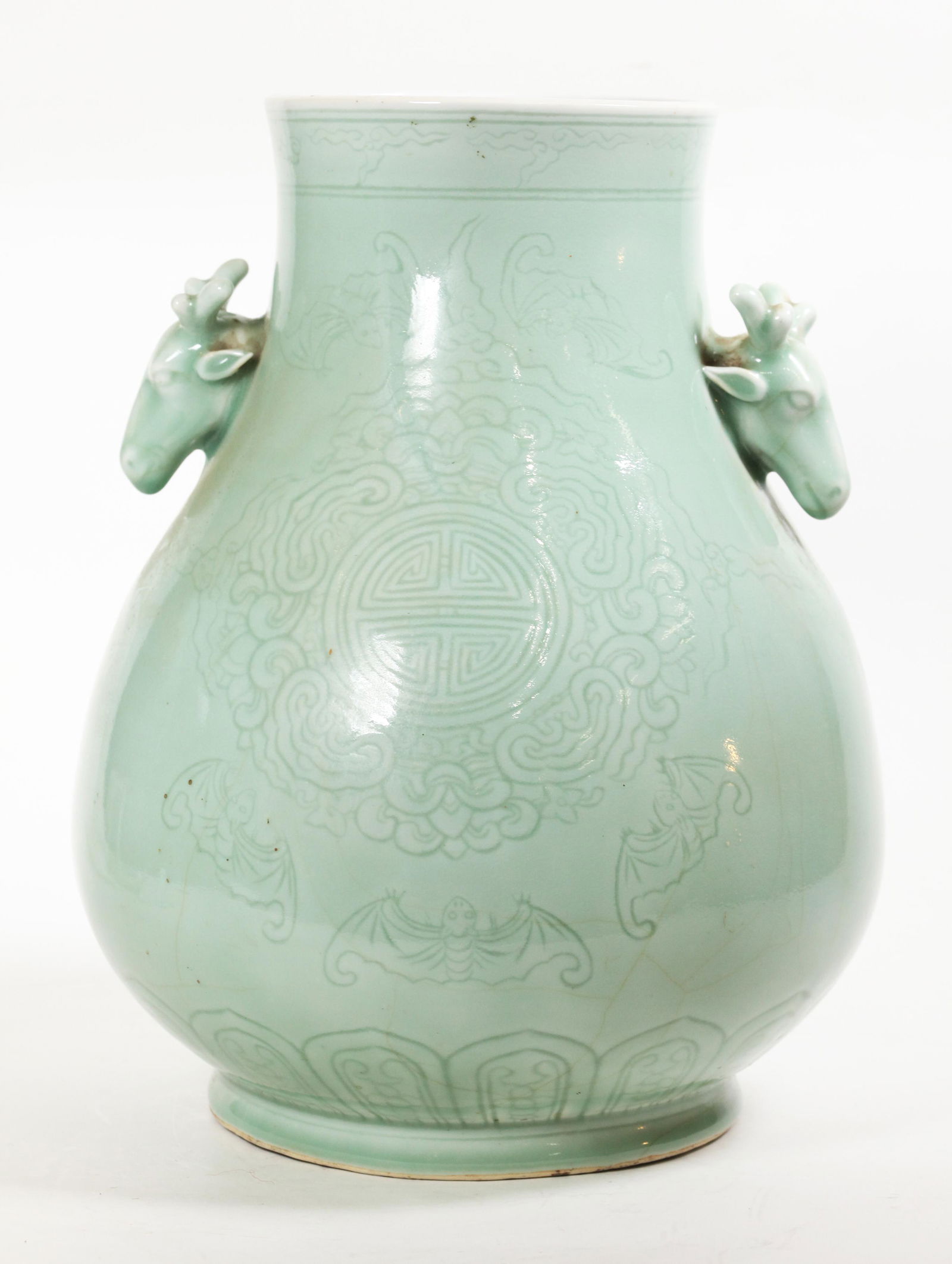Chinese Qing Celadon Porcelain WuFu & Deer Vase (1 of 5)