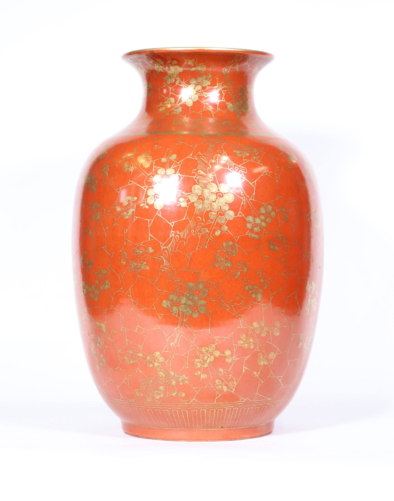 Lg Chinese Coral Red & Gold Porcelain Lantern Vase (1 of 5)