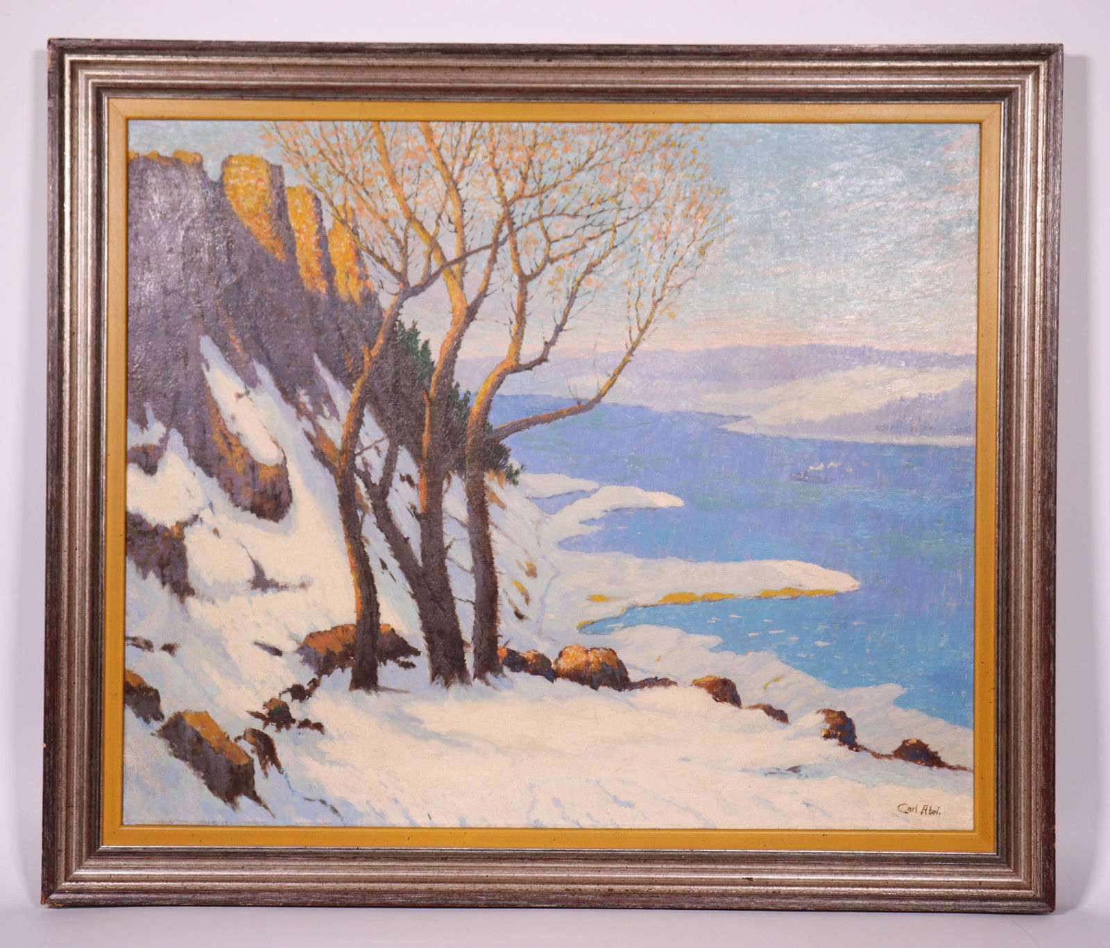 Carl Abel; New Jersey Palisades in Winter Snow Oil: Carl Abel (New York, 1875 - 1959); The New Jersey Palisades in Winter Snow overlooking the Hudson River & New York; Oil on Canvas on stretcher signed lower right recto; framed. Height of art 20 inches