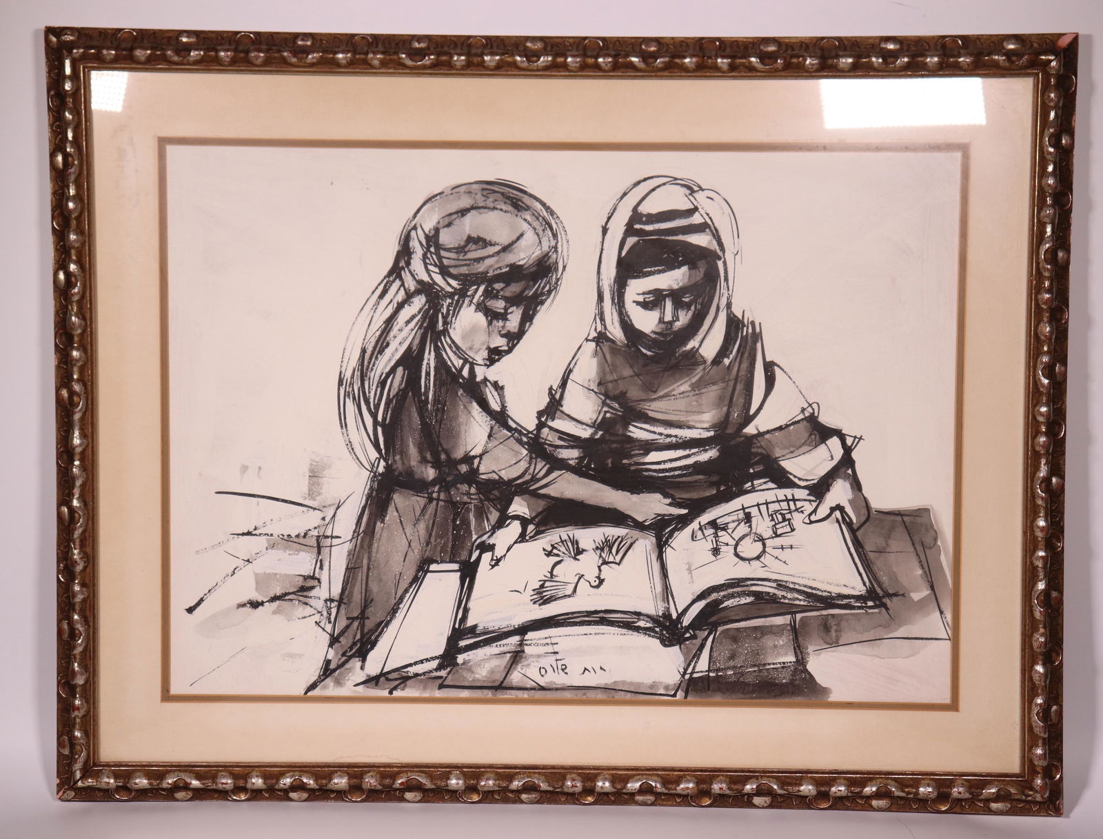 Ruth Schloss Ink Drawing; 2 Girls - 2 Cultures (1 of 4)