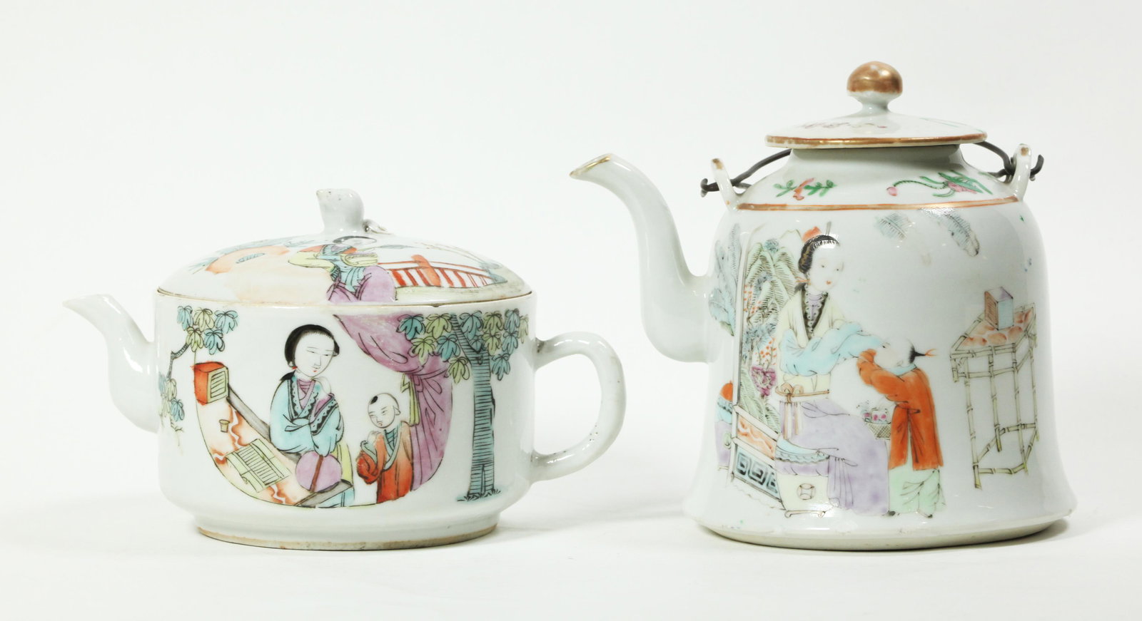 2 Chinese Qing Figure Enameled Porcelain Teapots (1 of 6)