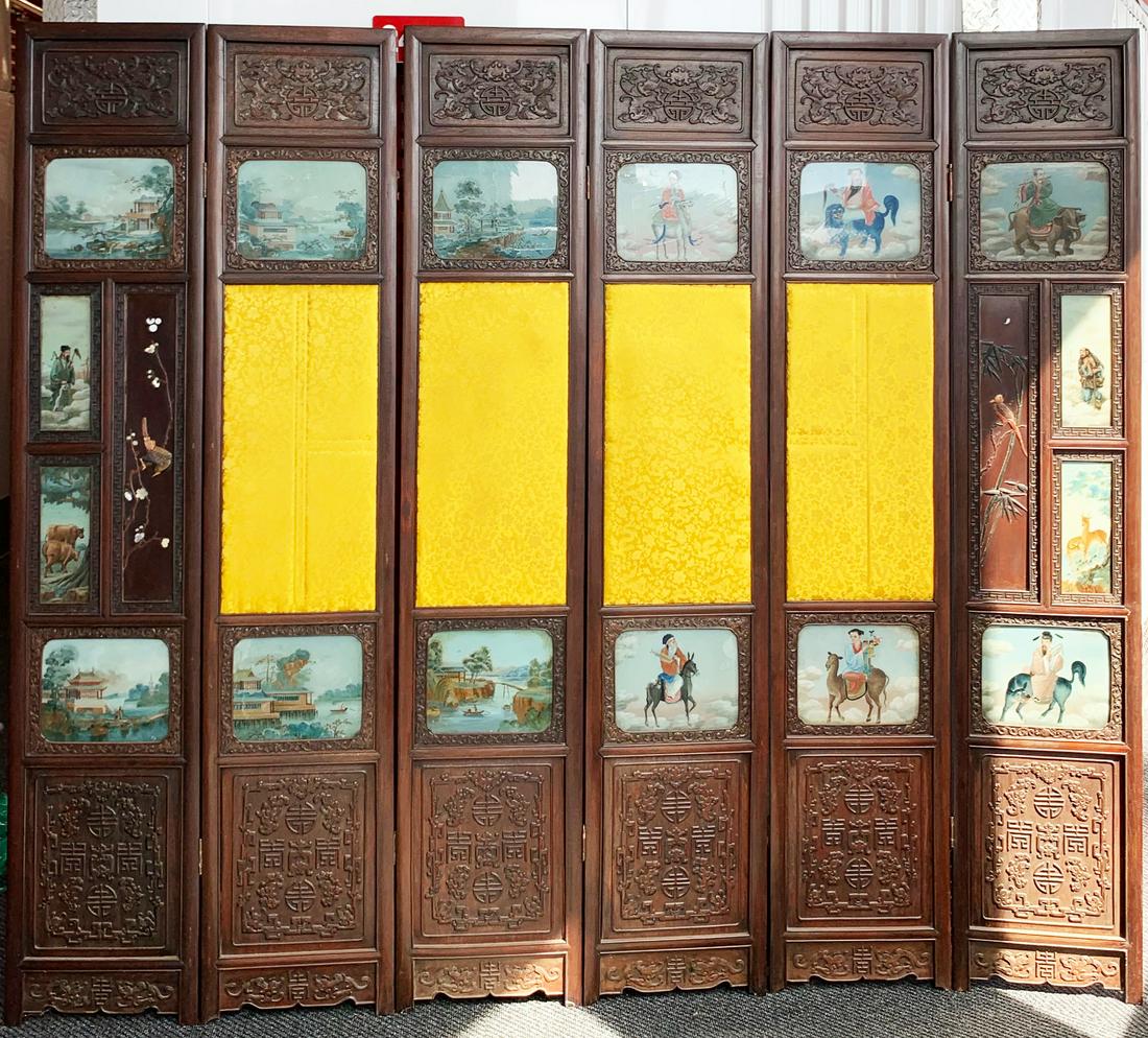 Chinese 19 C 6 Panel Wood & Eglomise Glass Screen (1 of 10)