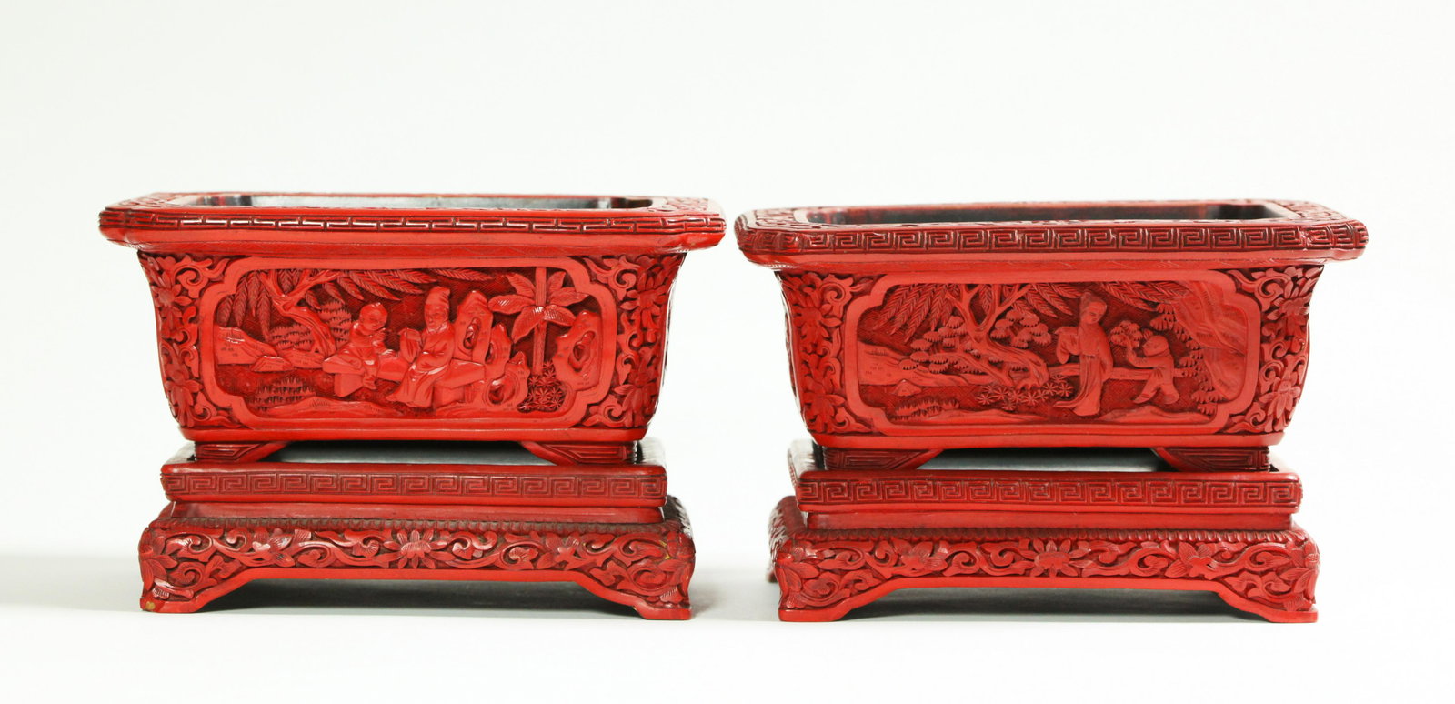 Pair Chinese Cinnabar Lacquer Planters & Trays (1 of 6)