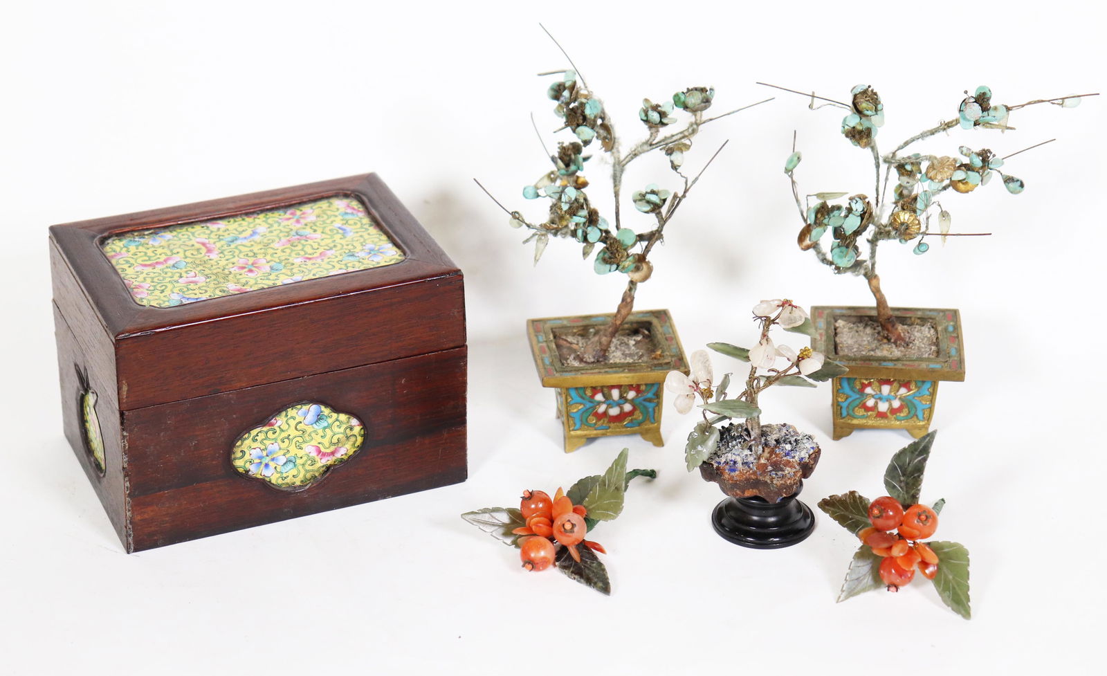 Chinese 19 C Wood & Enamel Box; 5 Gem Flowers (1 of 7)