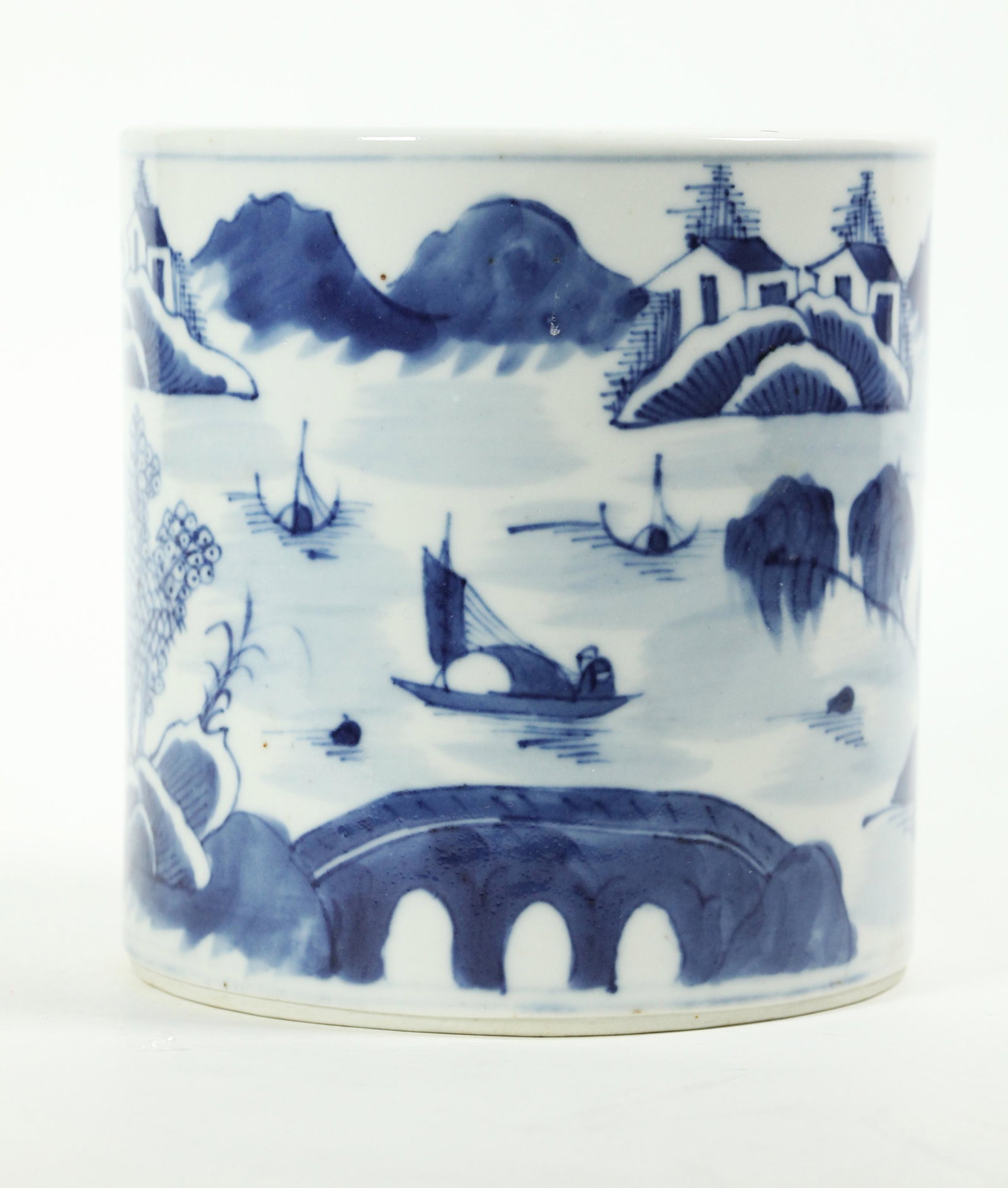 Chinese 19 C Blue & White Porcelain Brush Pot (1 of 5)