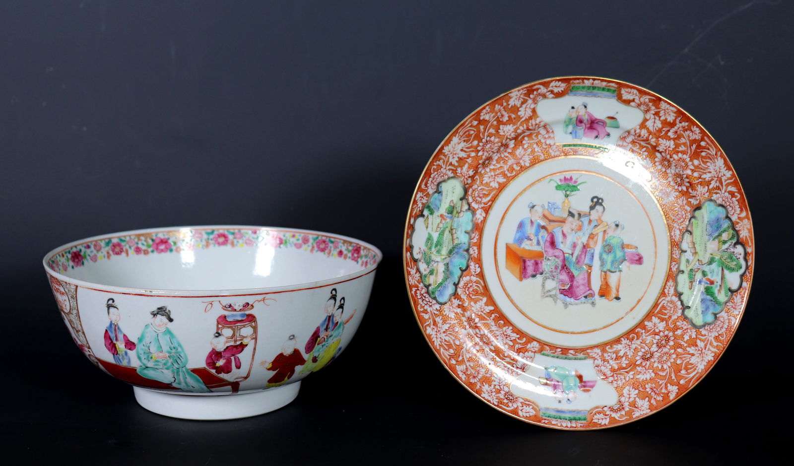 2 Chinese 18/19 C Rose Porcelains; Bowl & Plate (1 of 8)